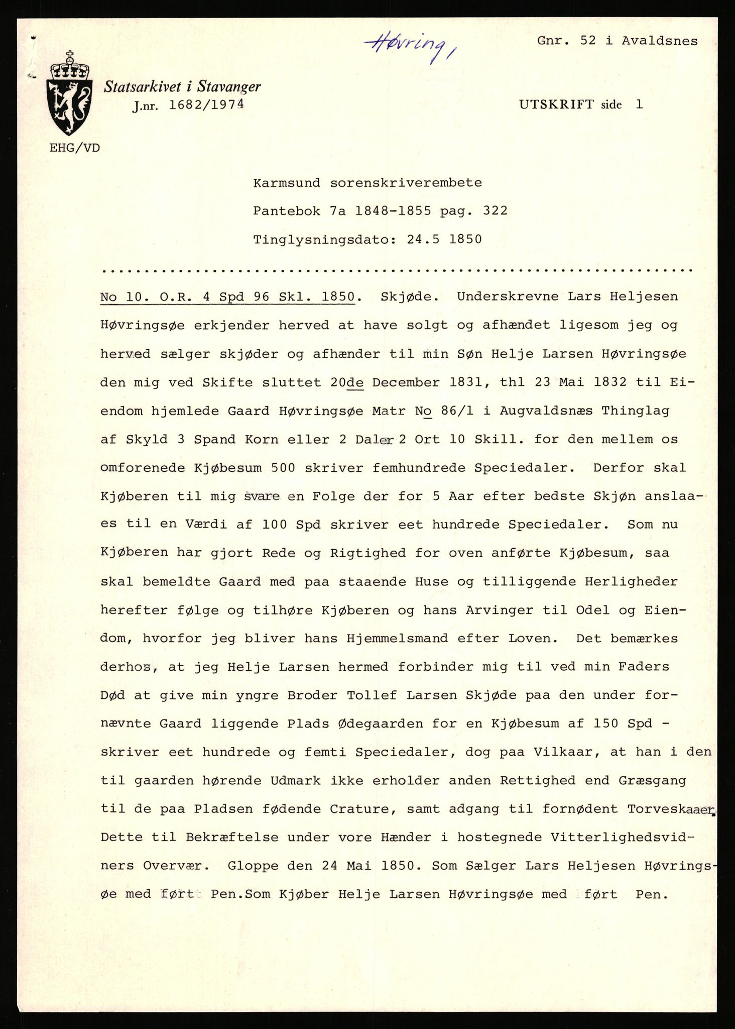 Statsarkivet i Stavanger, AV/SAST-A-101971/03/Y/Yj/L0042: Avskrifter sortert etter gårdsnavn: Høle - Håland vestre, 1750-1930, p. 294