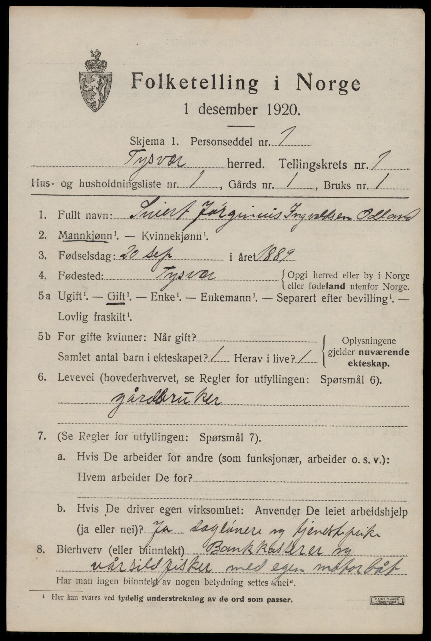 SAST, 1920 census for Tysvær, 1920, p. 842