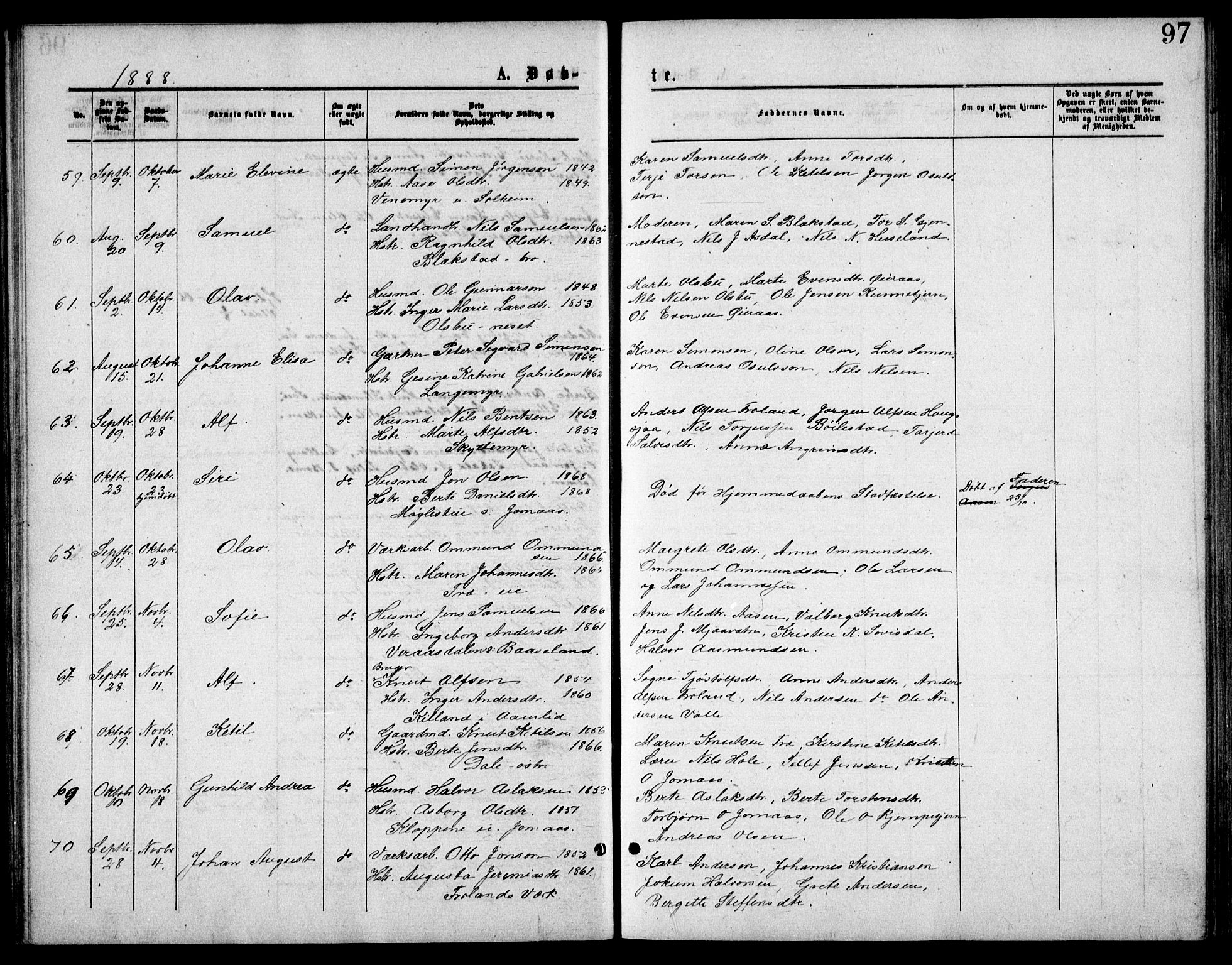 Froland sokneprestkontor, AV/SAK-1111-0013/F/Fb/L0009: Parish register (copy) no. B 9, 1875-1893, p. 97