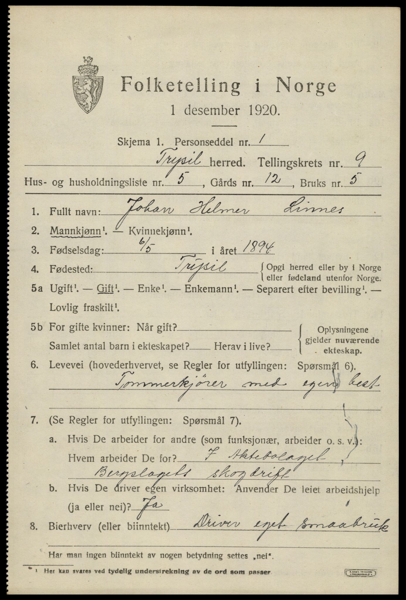 SAH, 1920 census for Trysil, 1920, p. 6607