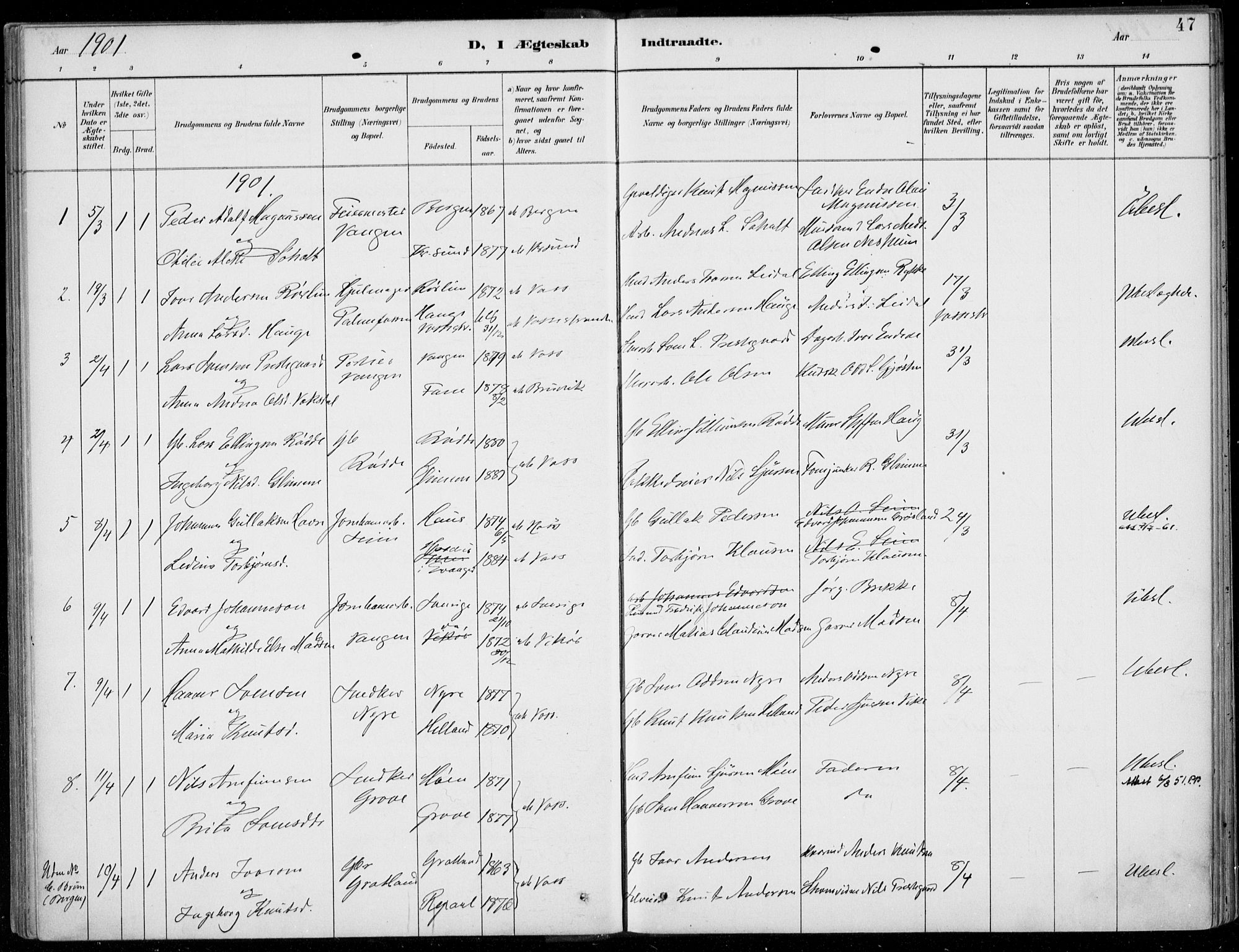 Voss sokneprestembete, SAB/A-79001/H/Haa: Parish register (official) no. C  1, 1887-1915, p. 47