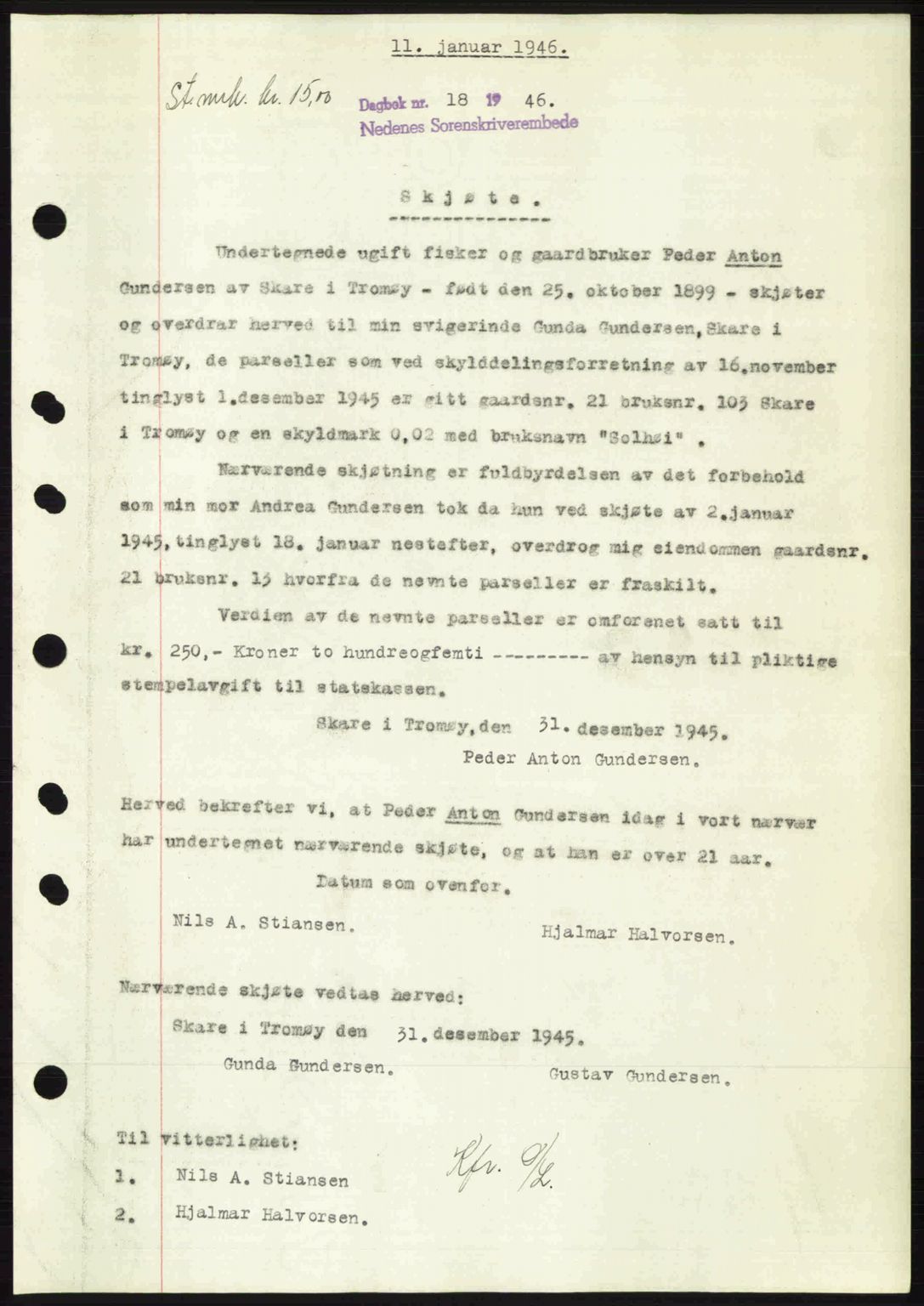 Nedenes sorenskriveri, SAK/1221-0006/G/Gb/Gba/L0054: Mortgage book no. A6c, 1946-1946, Diary no: : 18/1946