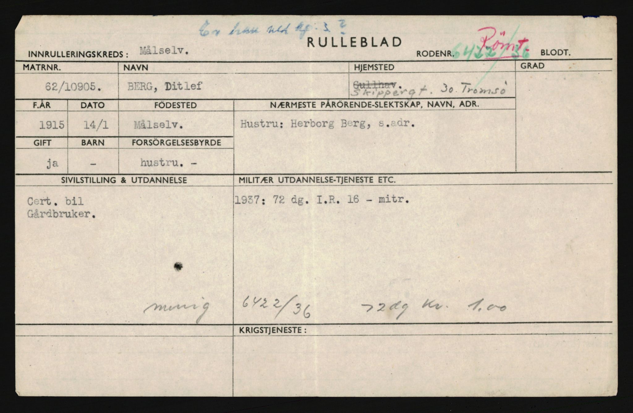 Forsvaret, Troms infanteriregiment nr. 16, AV/RA-RAFA-3146/P/Pa/L0020: Rulleblad for regimentets menige mannskaper, årsklasse 1936, 1936, p. 109