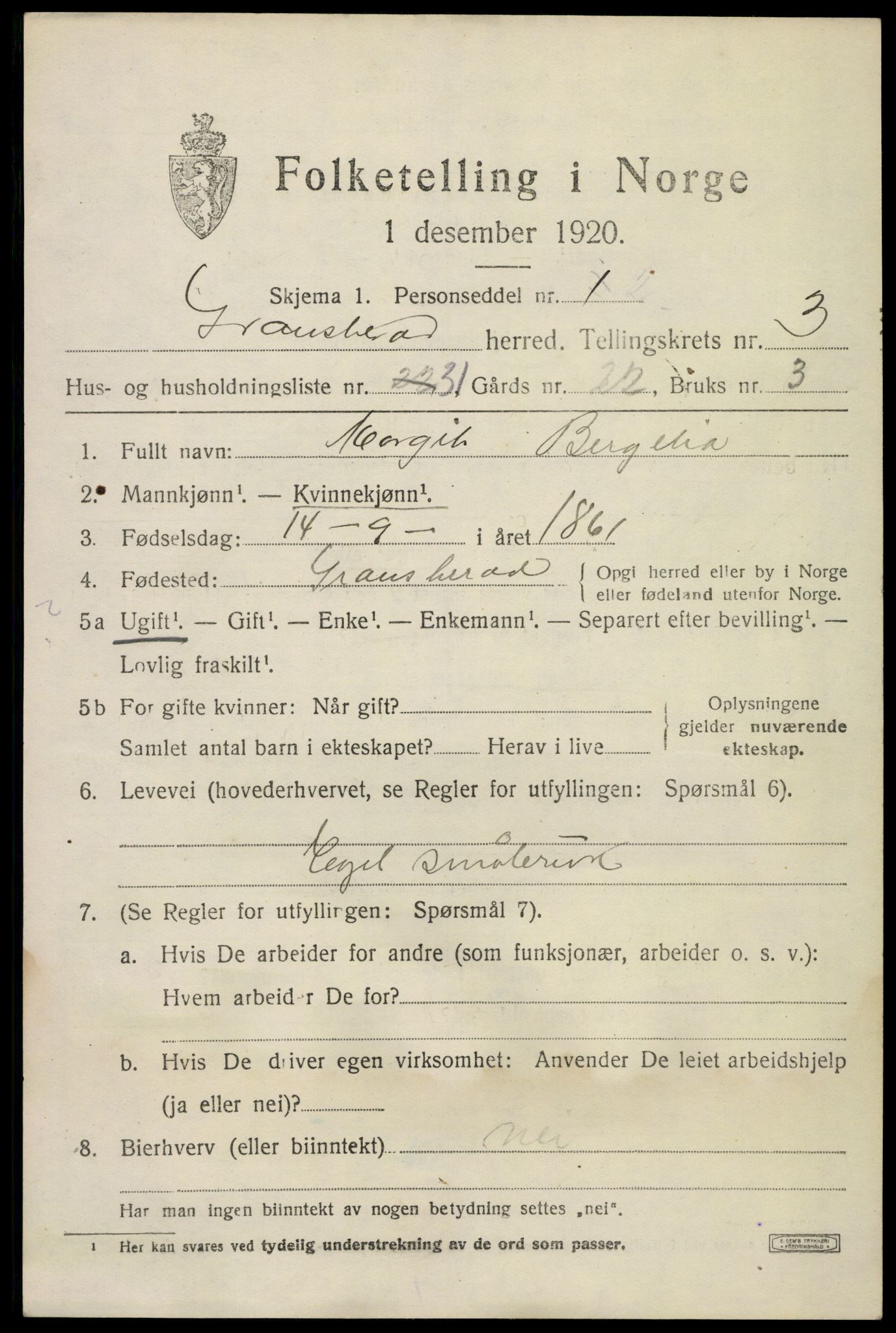 SAKO, 1920 census for Gransherad, 1920, p. 1768