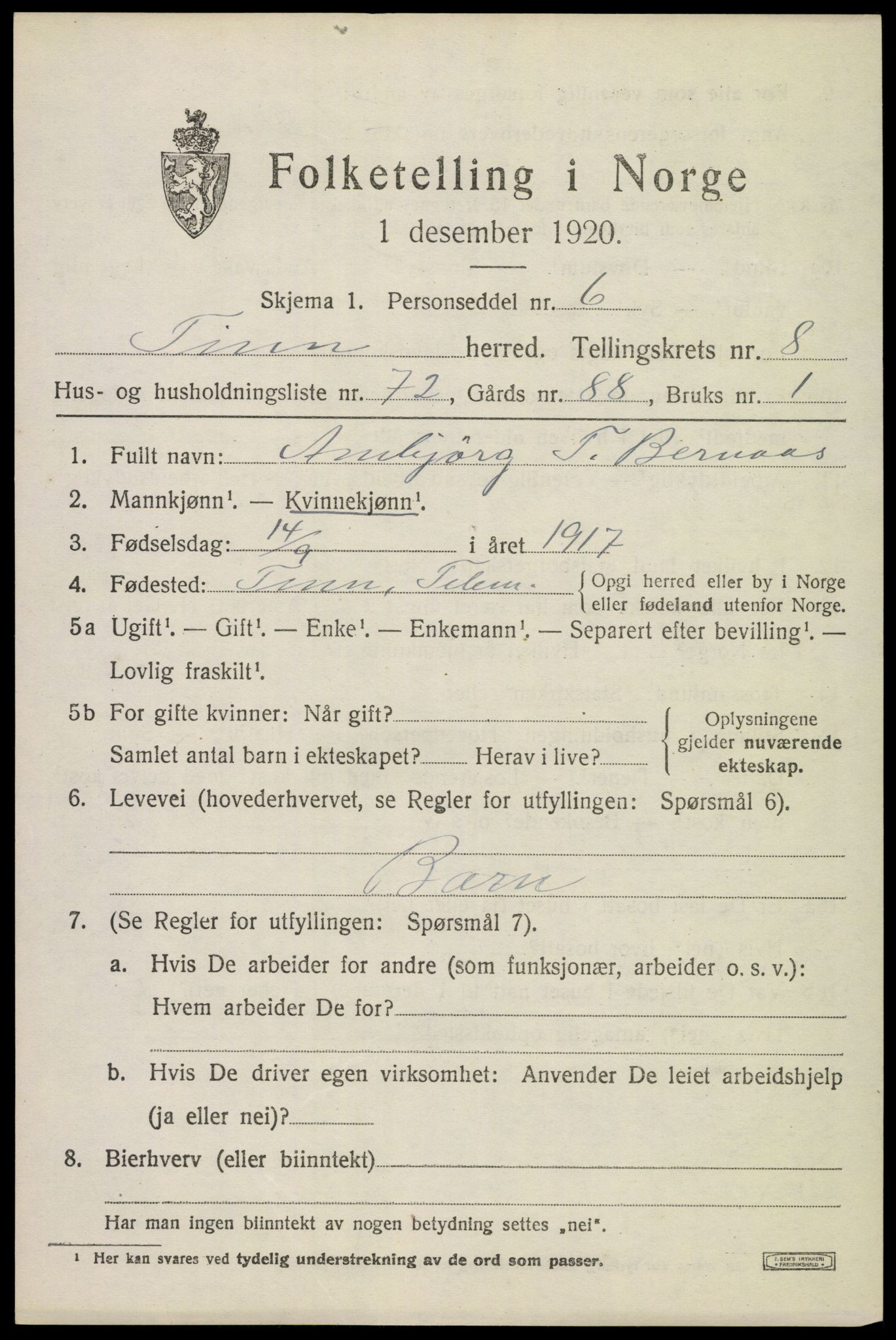 SAKO, 1920 census for Tinn, 1920, p. 5784