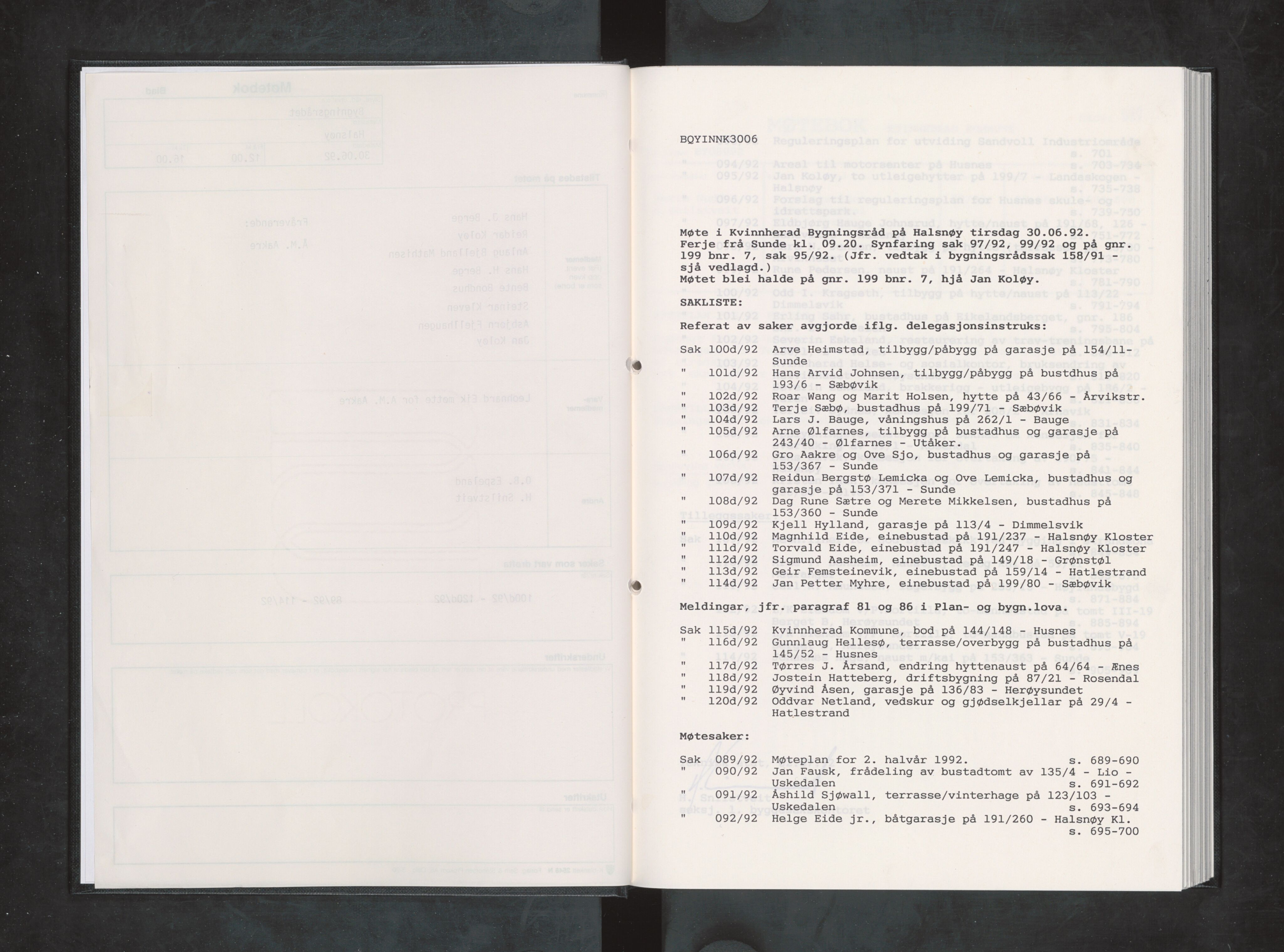 Kvinnherad kommune. Bygningsrådet , IKAH/1224-511/A/Aa/L0080: Møtebok for Kvinnherad bygningsråd, 1992