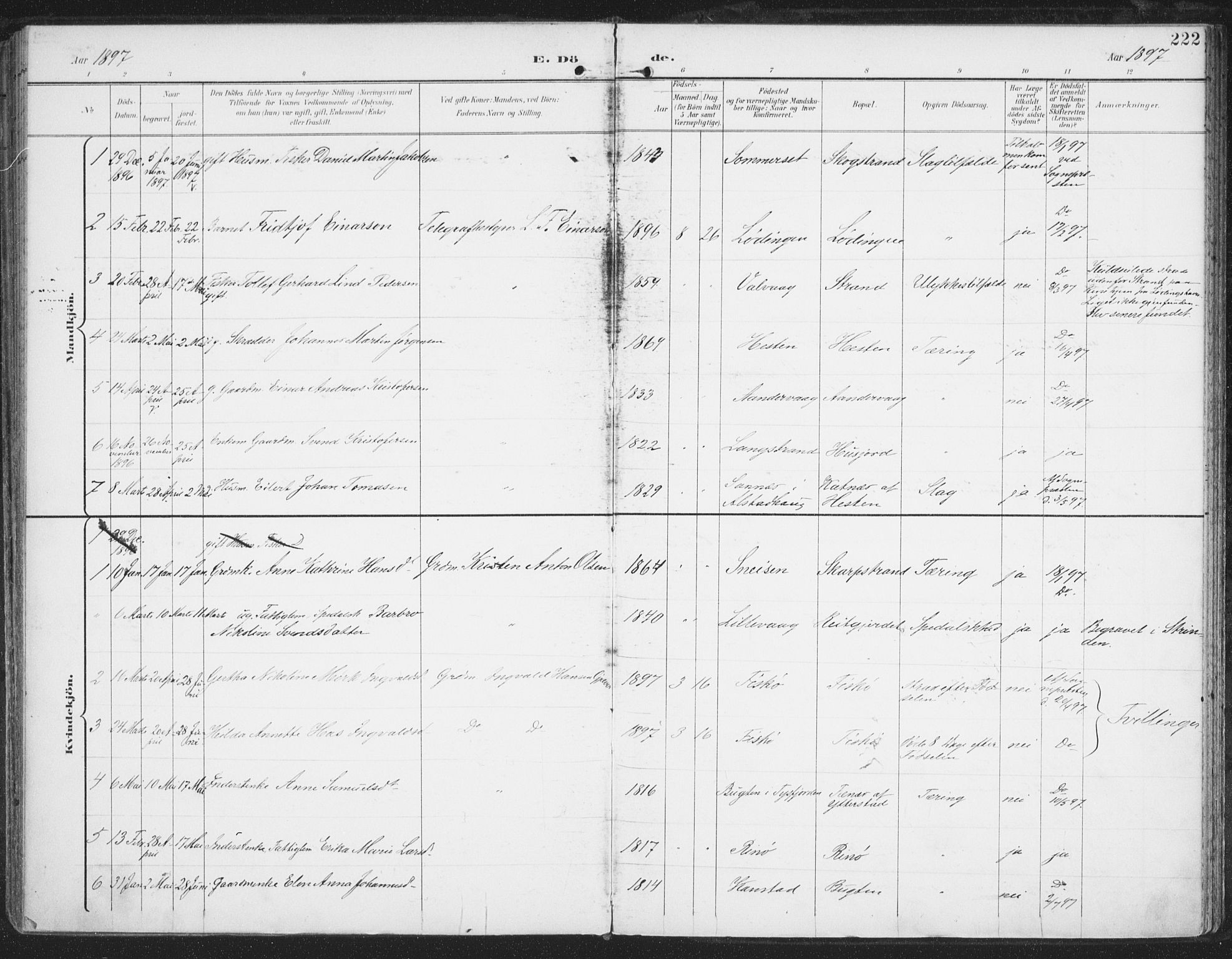 Ministerialprotokoller, klokkerbøker og fødselsregistre - Nordland, AV/SAT-A-1459/872/L1036: Parish register (official) no. 872A11, 1897-1913, p. 222