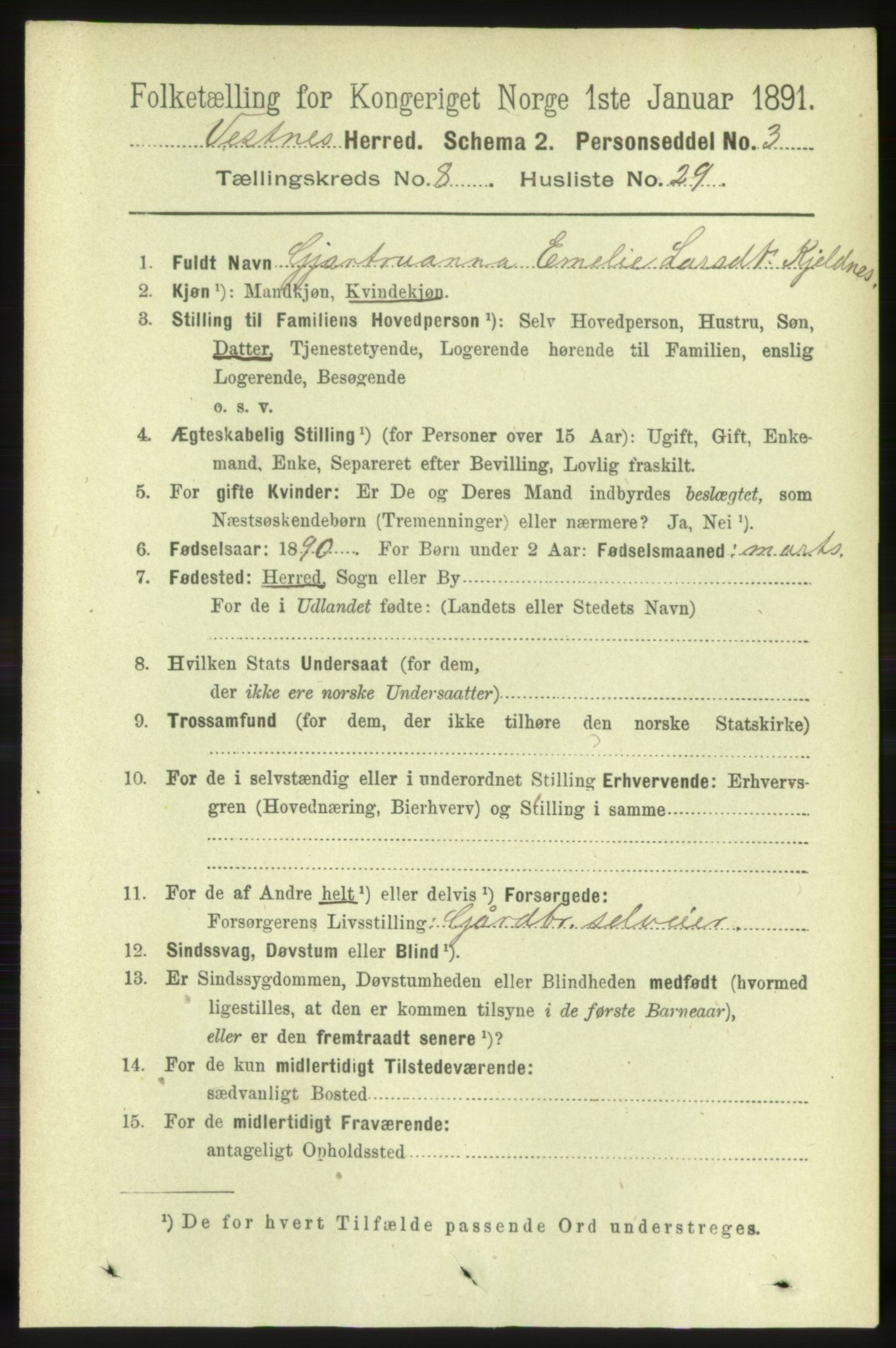 RA, 1891 census for 1535 Vestnes, 1891, p. 3310