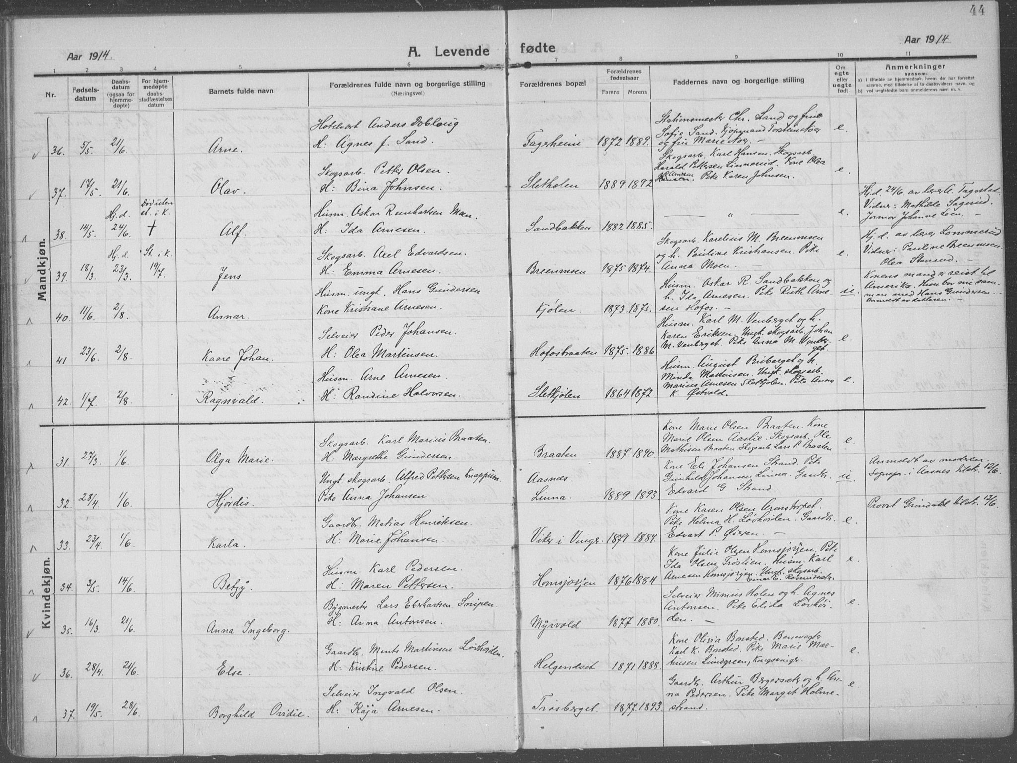 Brandval prestekontor, AV/SAH-PREST-034/H/Ha/Haa/L0004: Parish register (official) no. 4, 1910-1924, p. 44