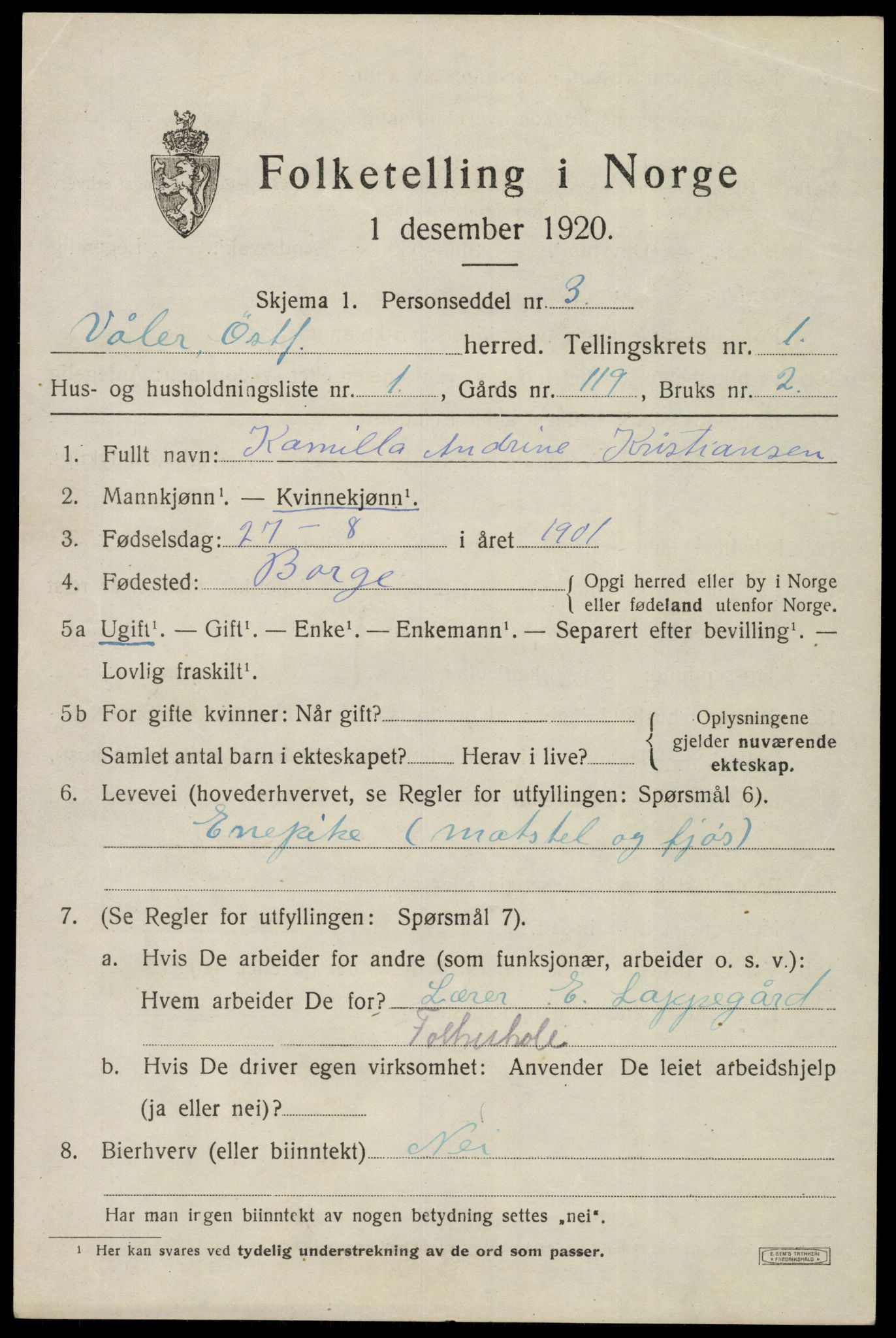 SAO, 1920 census for Våler, 1920, p. 916