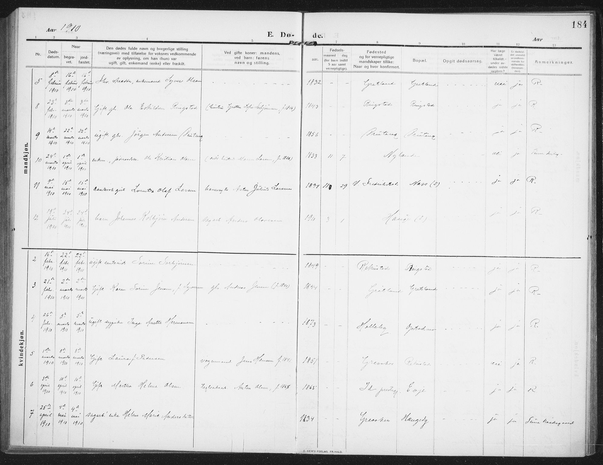 Rolvsøy prestekontor Kirkebøker, SAO/A-2004/F/Fa/L0002: Parish register (official) no. 2, 1909-1917, p. 184