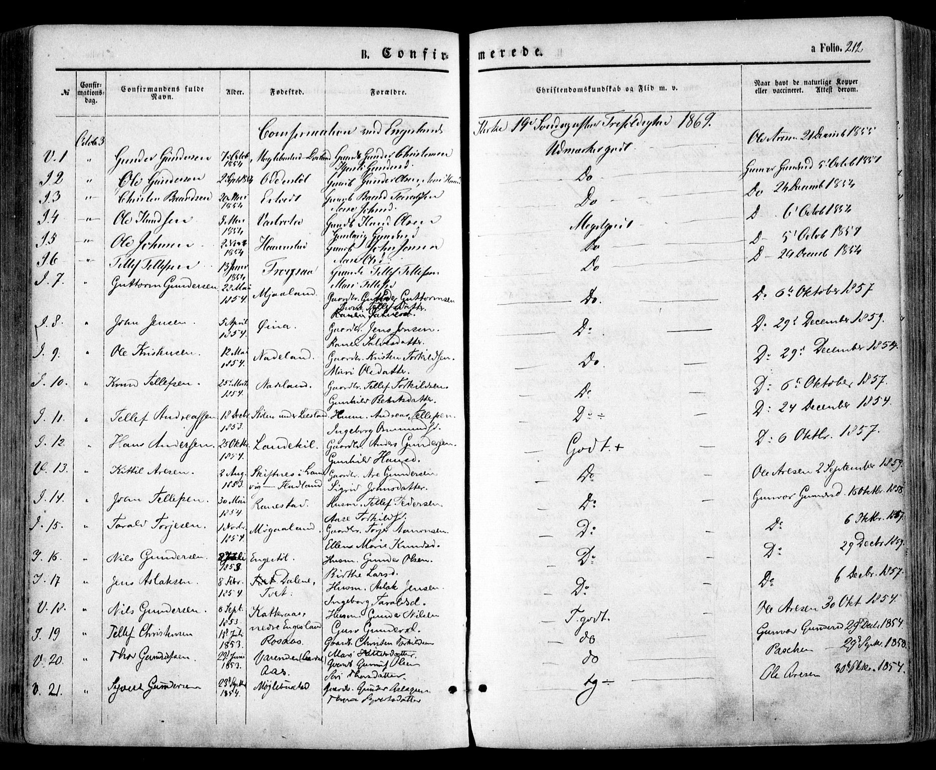 Evje sokneprestkontor, SAK/1111-0008/F/Fa/Faa/L0006: Parish register (official) no. A 6, 1866-1884, p. 212