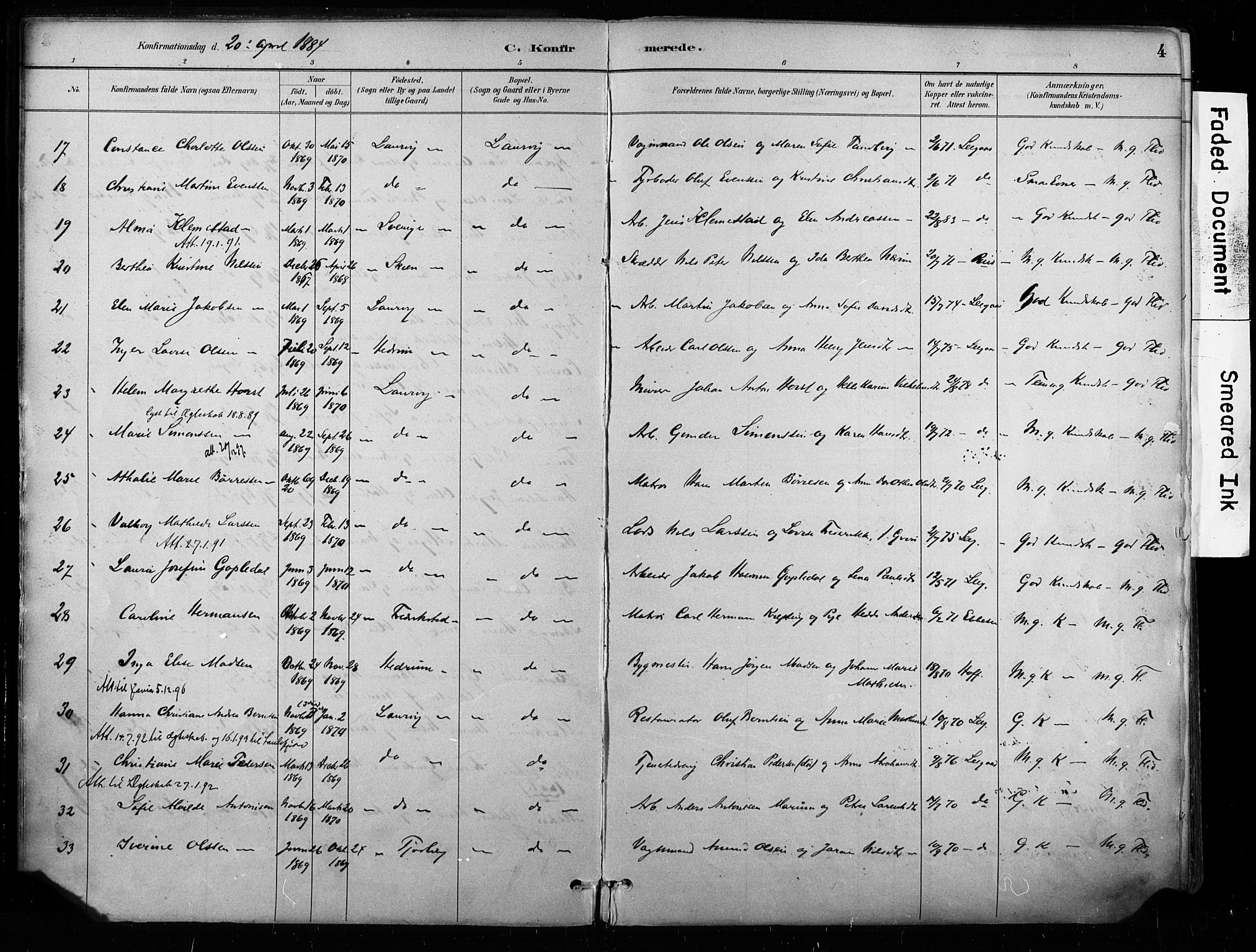 Larvik kirkebøker, AV/SAKO-A-352/F/Fa/L0008: Parish register (official) no. I 8, 1884-1902, p. 4