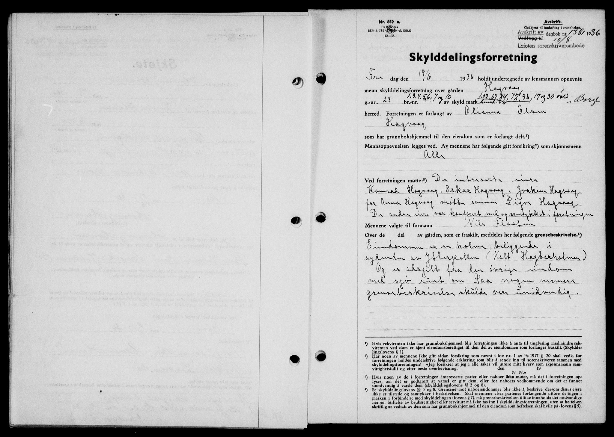 Lofoten sorenskriveri, SAT/A-0017/1/2/2C/L0001a: Mortgage book no. 1a, 1936-1937, Diary no: : 1381/1936