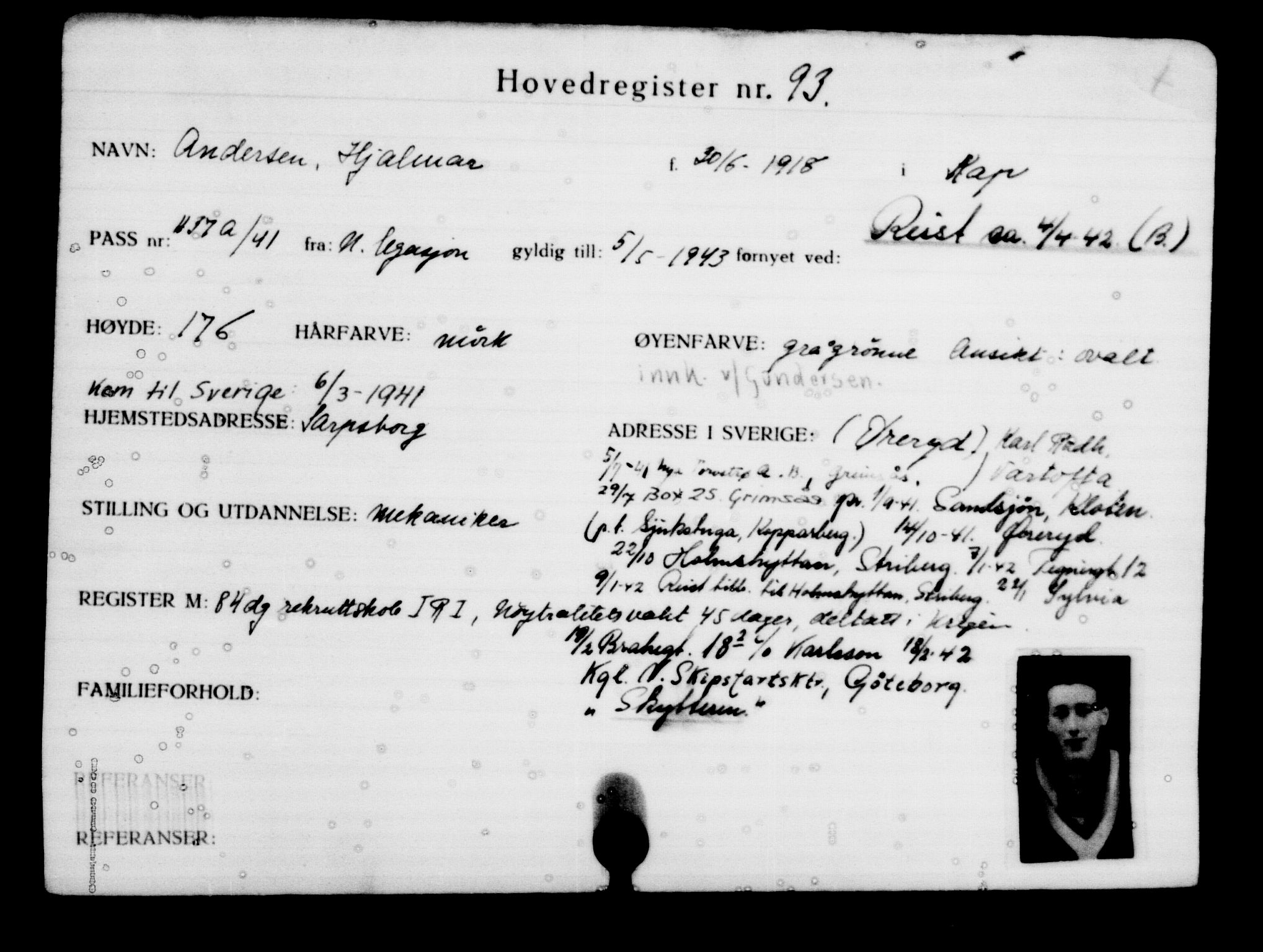 Utenriksstasjonene, Legasjonen i Stockholm, Flyktningkontoret, AV/RA-S-6753/V/Va/L0001: Kjesäterkartoteket, flyktninger med registreringsnr. 1-1000, 1940-1945, p. 160