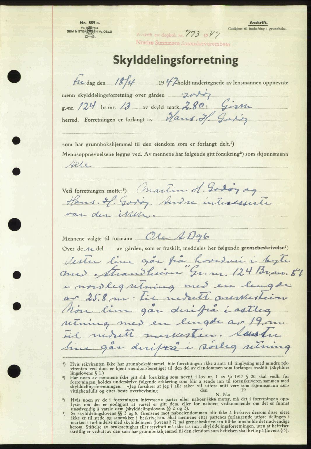 Nordre Sunnmøre sorenskriveri, AV/SAT-A-0006/1/2/2C/2Ca: Mortgage book no. A24, 1947-1947, Diary no: : 773/1947