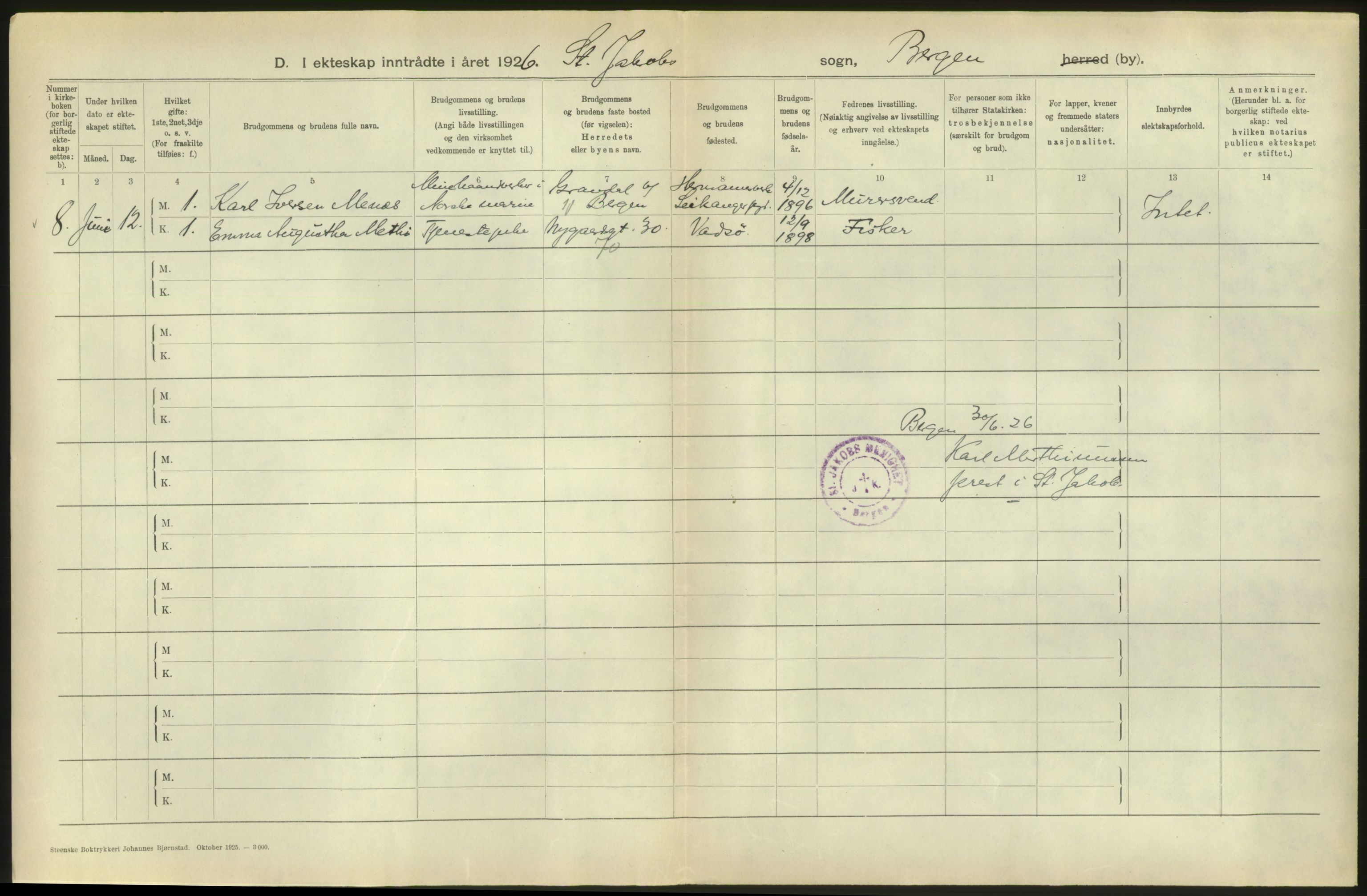 Statistisk sentralbyrå, Sosiodemografiske emner, Befolkning, RA/S-2228/D/Df/Dfc/Dfcf/L0028: Bergen: Gifte, døde, dødfødte., 1926, p. 32