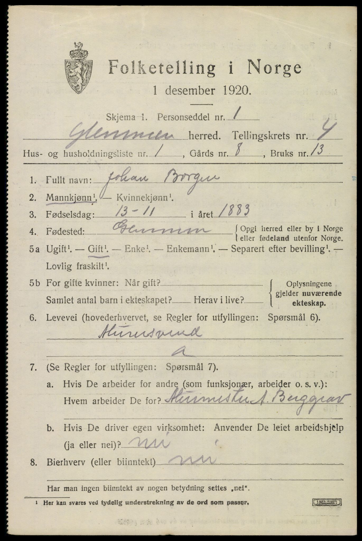 SAO, 1920 census for Glemmen, 1920, p. 10465