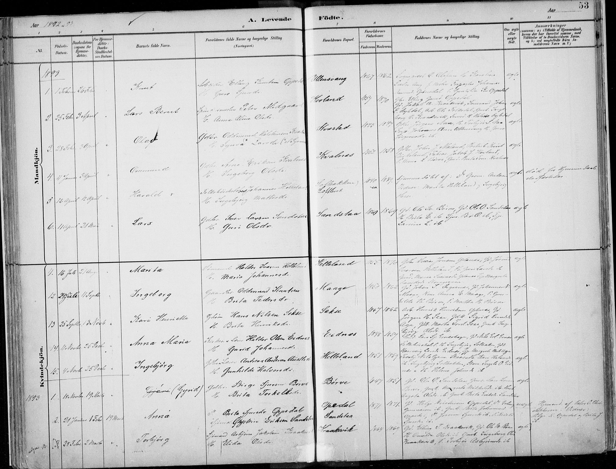 Ullensvang sokneprestembete, SAB/A-78701/H/Haa: Parish register (official) no. B  1, 1882-1918, p. 53