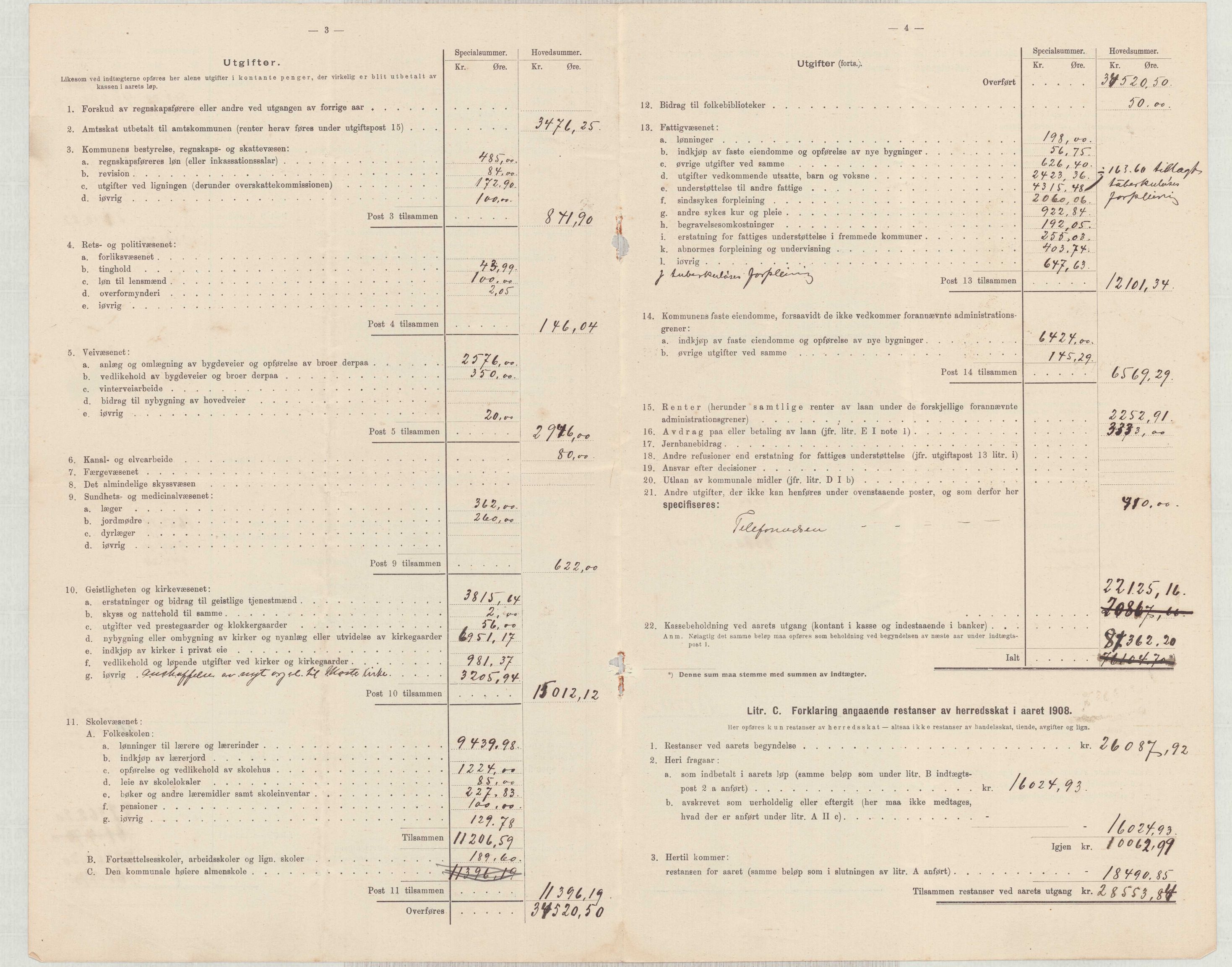 Finnaas kommune. Heradskassen, IKAH/1218a-121/R/Ra/Raa/L0001/0001: Årsrekneskap / Utdrag av kommunerekneskapet, 1904-1910, p. 34