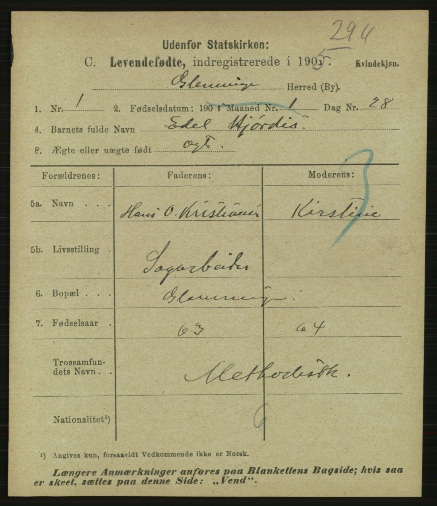 Statistisk sentralbyrå, Sosiodemografiske emner, Befolkning, AV/RA-S-2228/E/L0003: Fødte, gifte, døde dissentere., 1905, p. 5