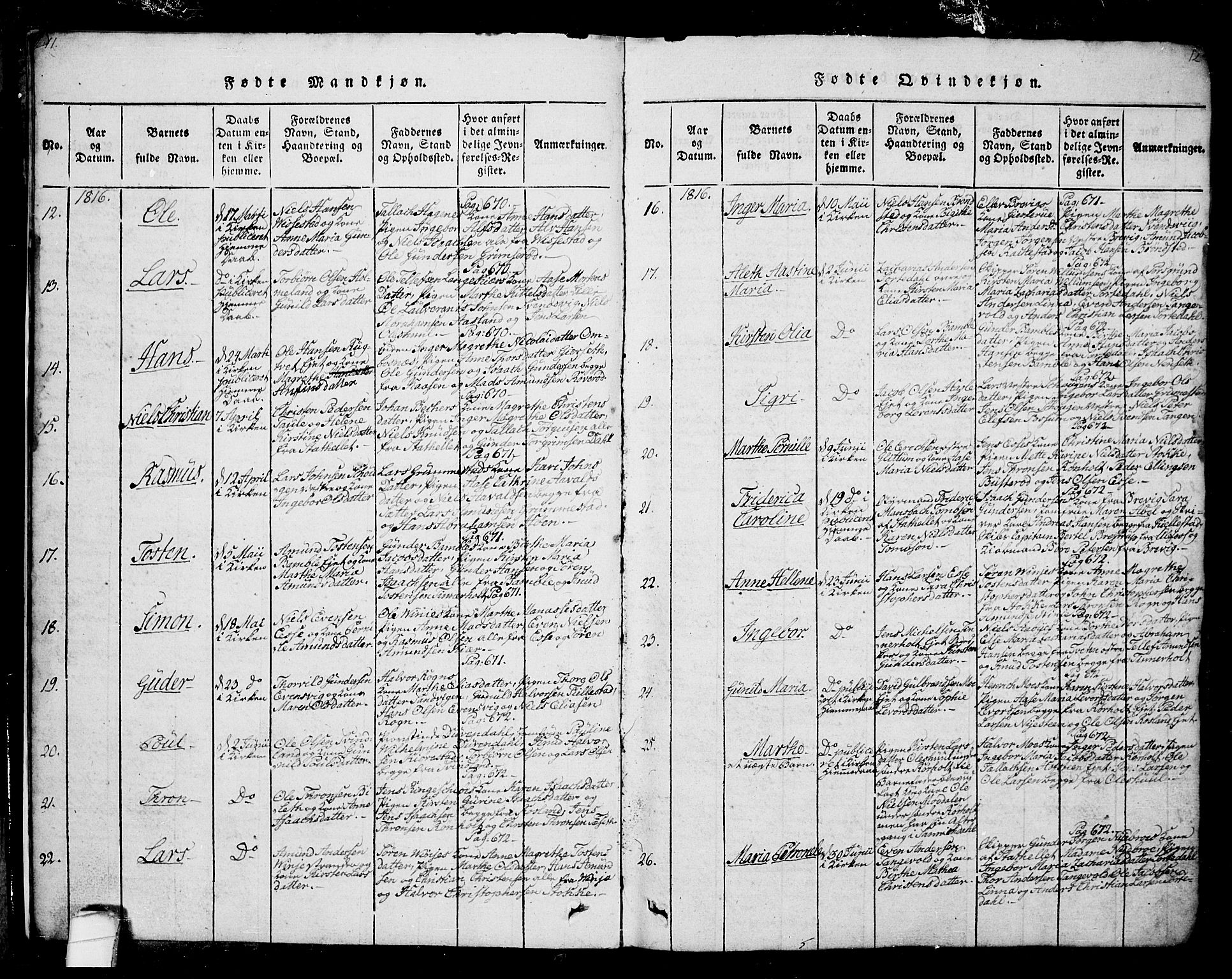 Bamble kirkebøker, AV/SAKO-A-253/G/Ga/L0005: Parish register (copy) no. I 5, 1814-1855, p. 11-12