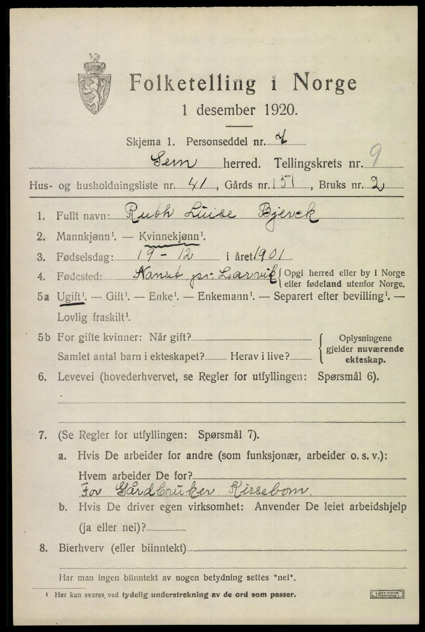SAKO, 1920 census for Sem, 1920, p. 12985