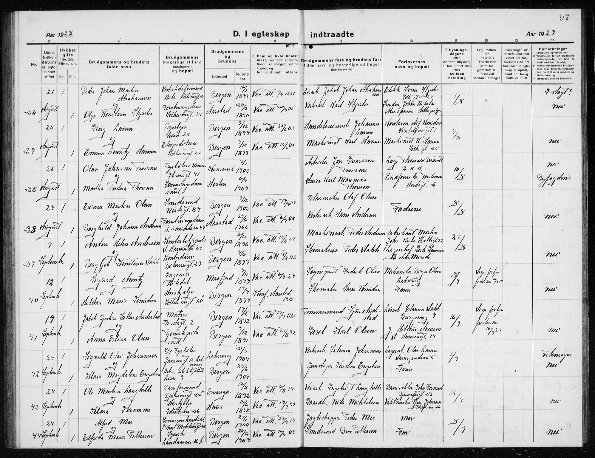 Årstad Sokneprestembete, AV/SAB-A-79301/H/Hab/L0020: Parish register (copy) no. C  2, 1920-1935, p. 97