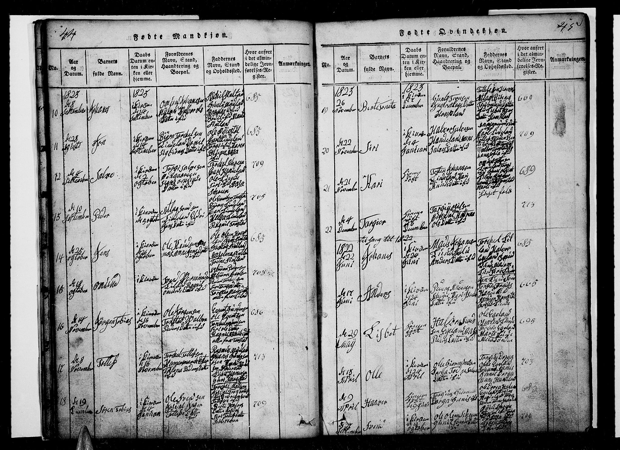 Sirdal sokneprestkontor, AV/SAK-1111-0036/F/Fb/Fbb/L0001: Parish register (copy) no. B 1, 1815-1834, p. 44-45