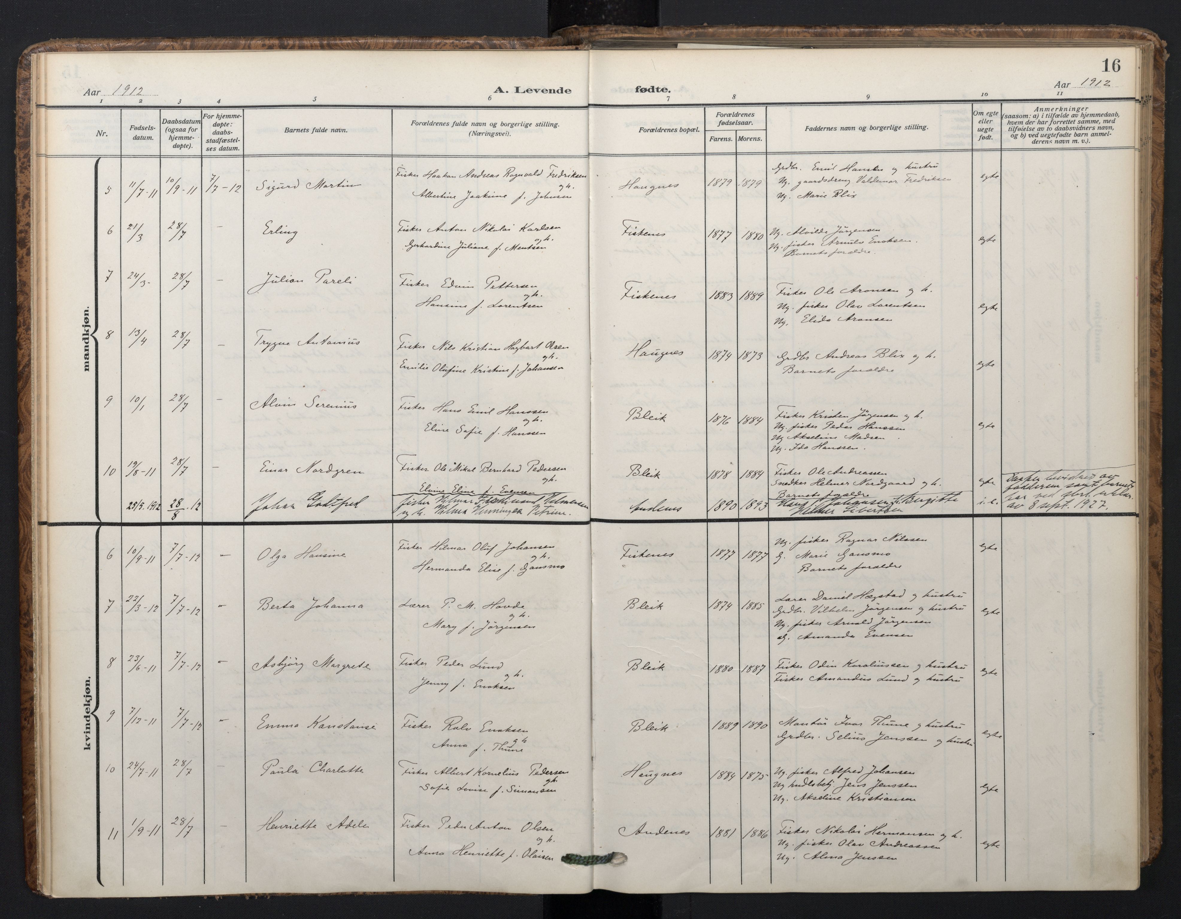 Ministerialprotokoller, klokkerbøker og fødselsregistre - Nordland, SAT/A-1459/899/L1438: Parish register (official) no. 899A06, 1909-1922, p. 16