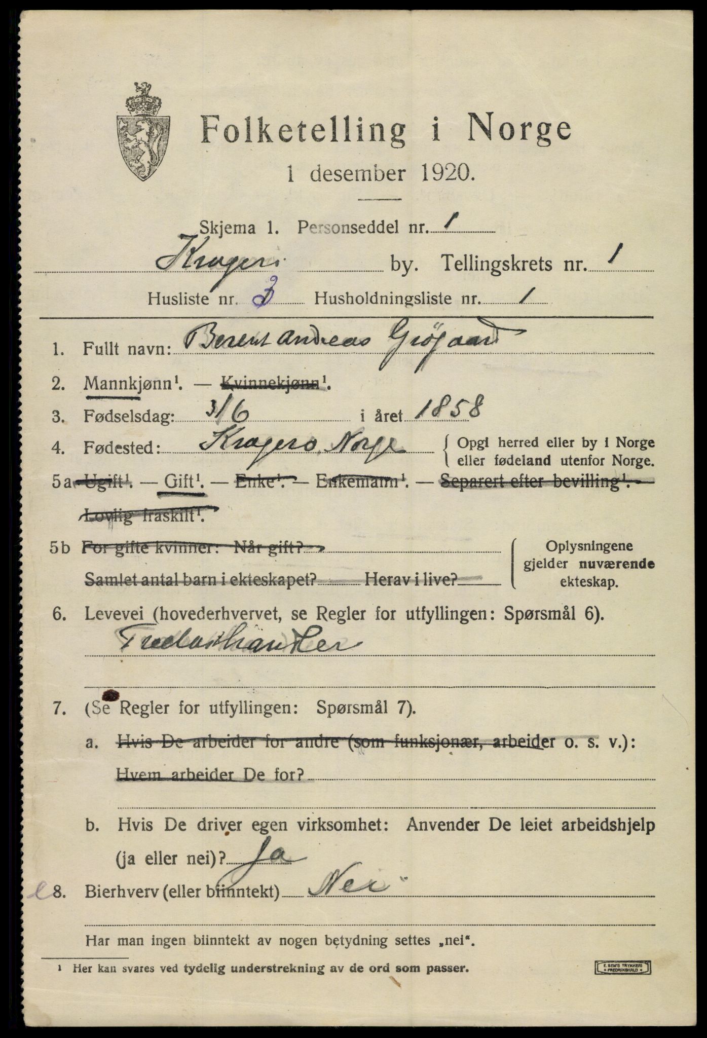 SAKO, 1920 census for Kragerø, 1920, p. 4389