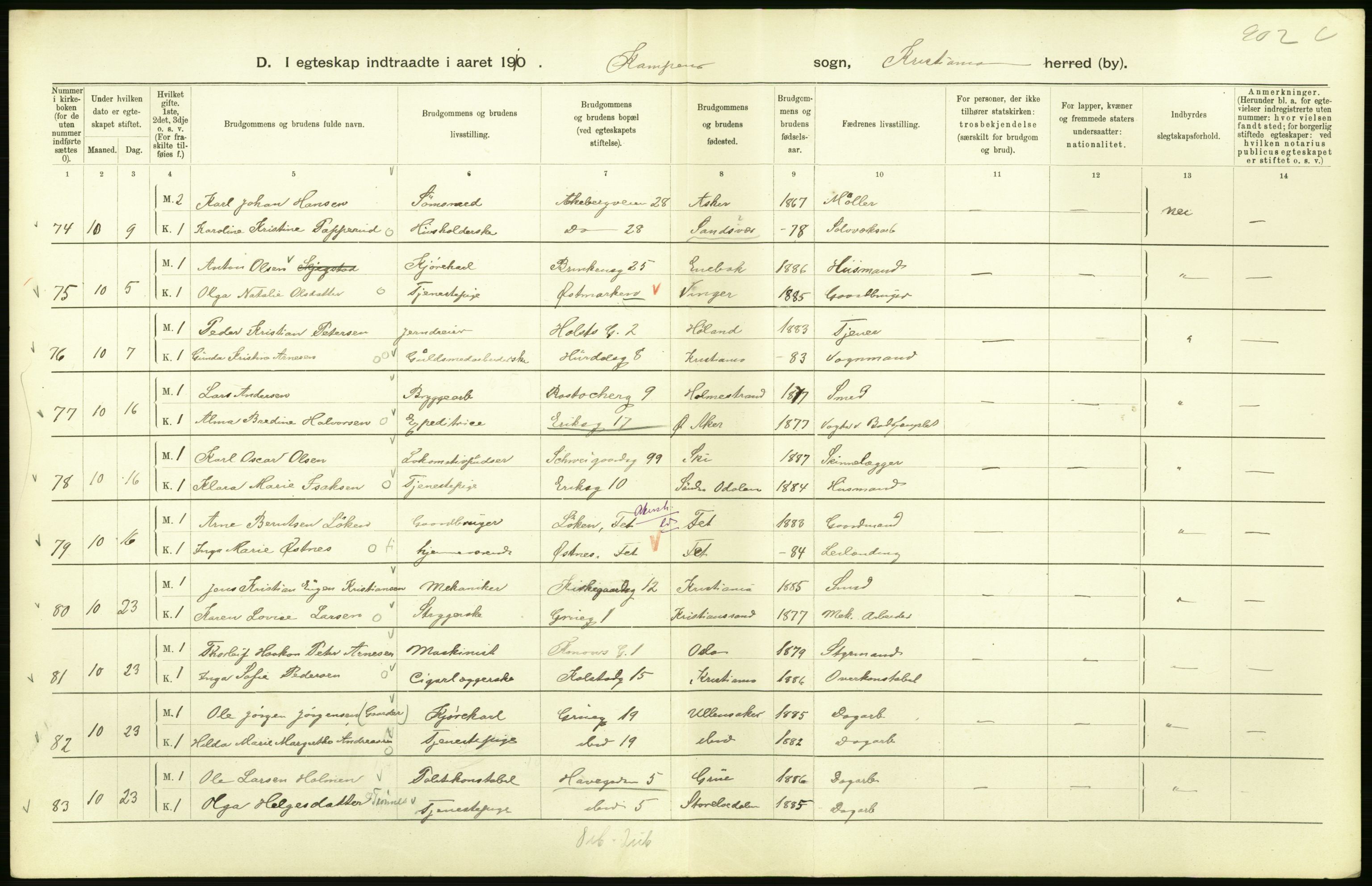 Statistisk sentralbyrå, Sosiodemografiske emner, Befolkning, AV/RA-S-2228/D/Df/Dfa/Dfah/L0009: Kristiania: Gifte og dødfødte., 1910, p. 126