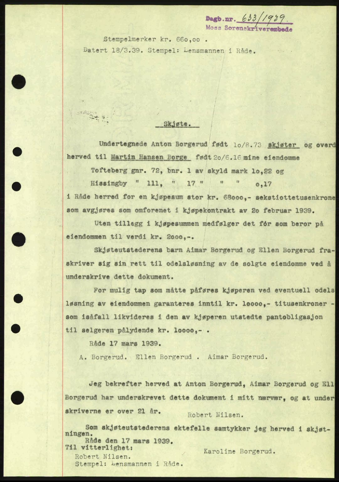 Moss sorenskriveri, SAO/A-10168: Mortgage book no. A5, 1938-1939, Diary no: : 633/1939
