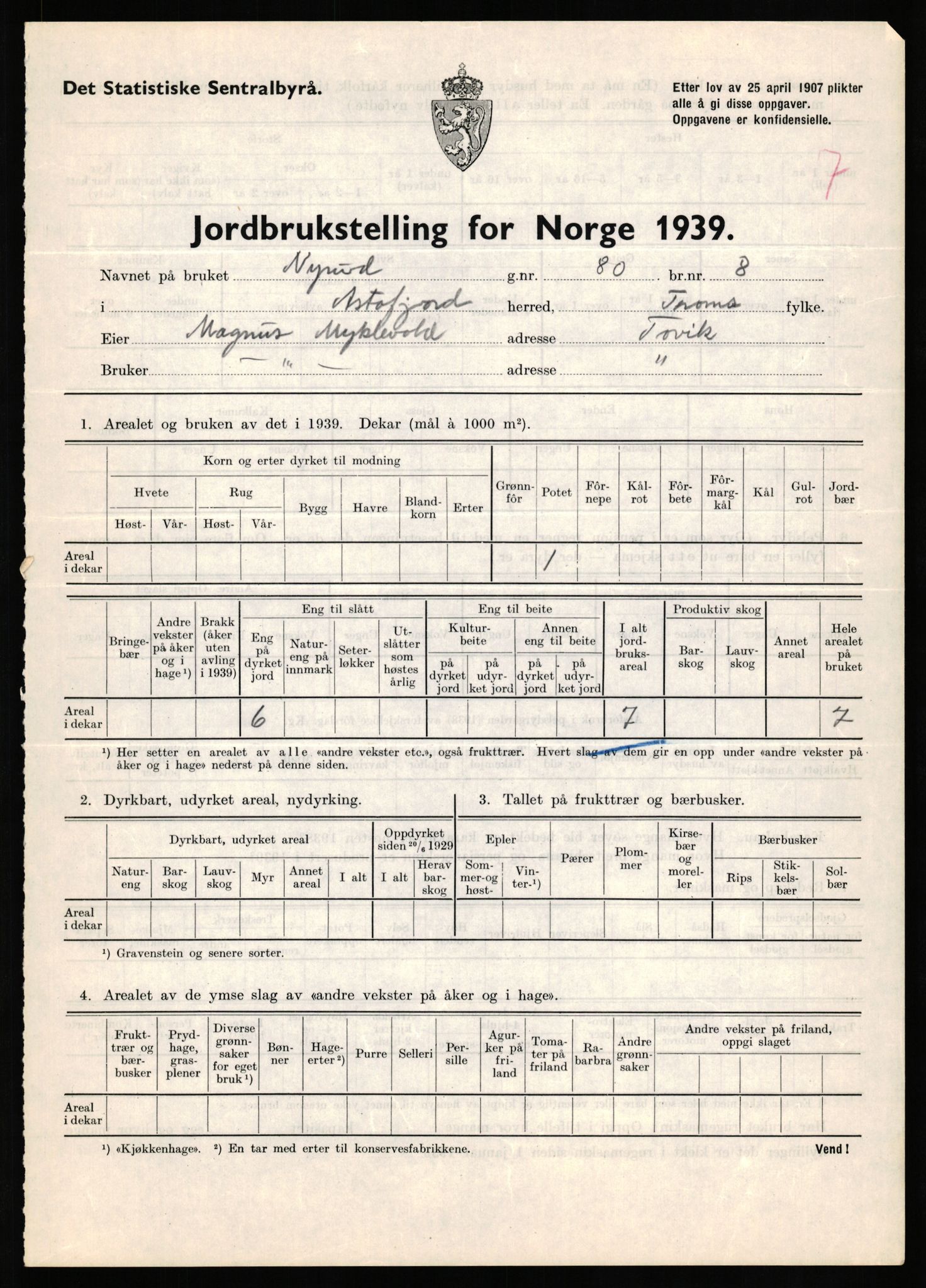 Statistisk sentralbyrå, Næringsøkonomiske emner, Jordbruk, skogbruk, jakt, fiske og fangst, AV/RA-S-2234/G/Gb/L0339: Troms: Andørja, Astafjord og Lavangen, 1939, p. 19