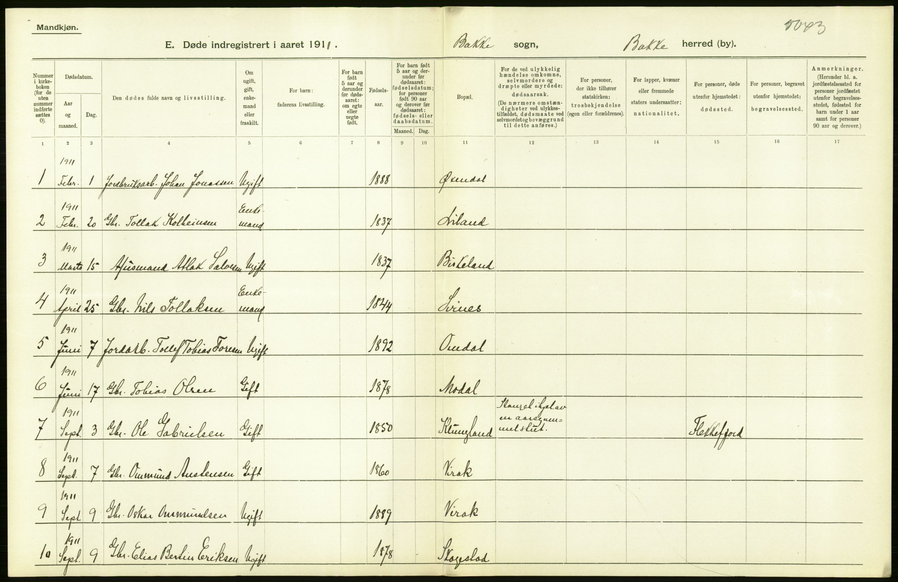 Statistisk sentralbyrå, Sosiodemografiske emner, Befolkning, AV/RA-S-2228/D/Df/Dfb/Dfba/L0024: Lister og Mandals amt:  Gifte, døde, dødfødte. Bygder og byer., 1911, p. 138