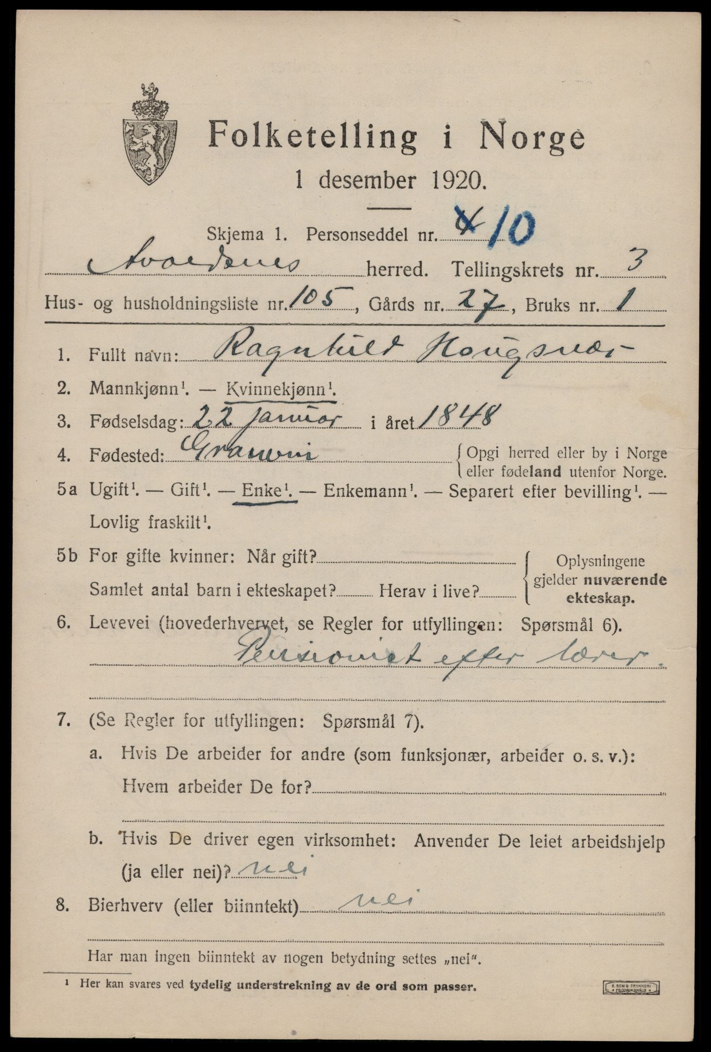 SAST, 1920 census for Avaldsnes, 1920, p. 4029