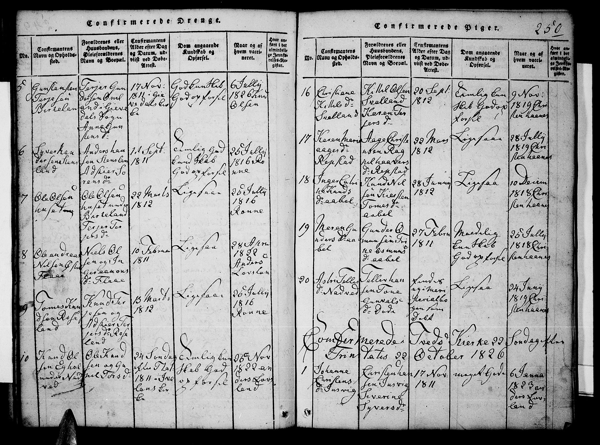 Tveit sokneprestkontor, AV/SAK-1111-0043/F/Fb/L0001: Parish register (copy) no. B 1, 1820-1834, p. 250