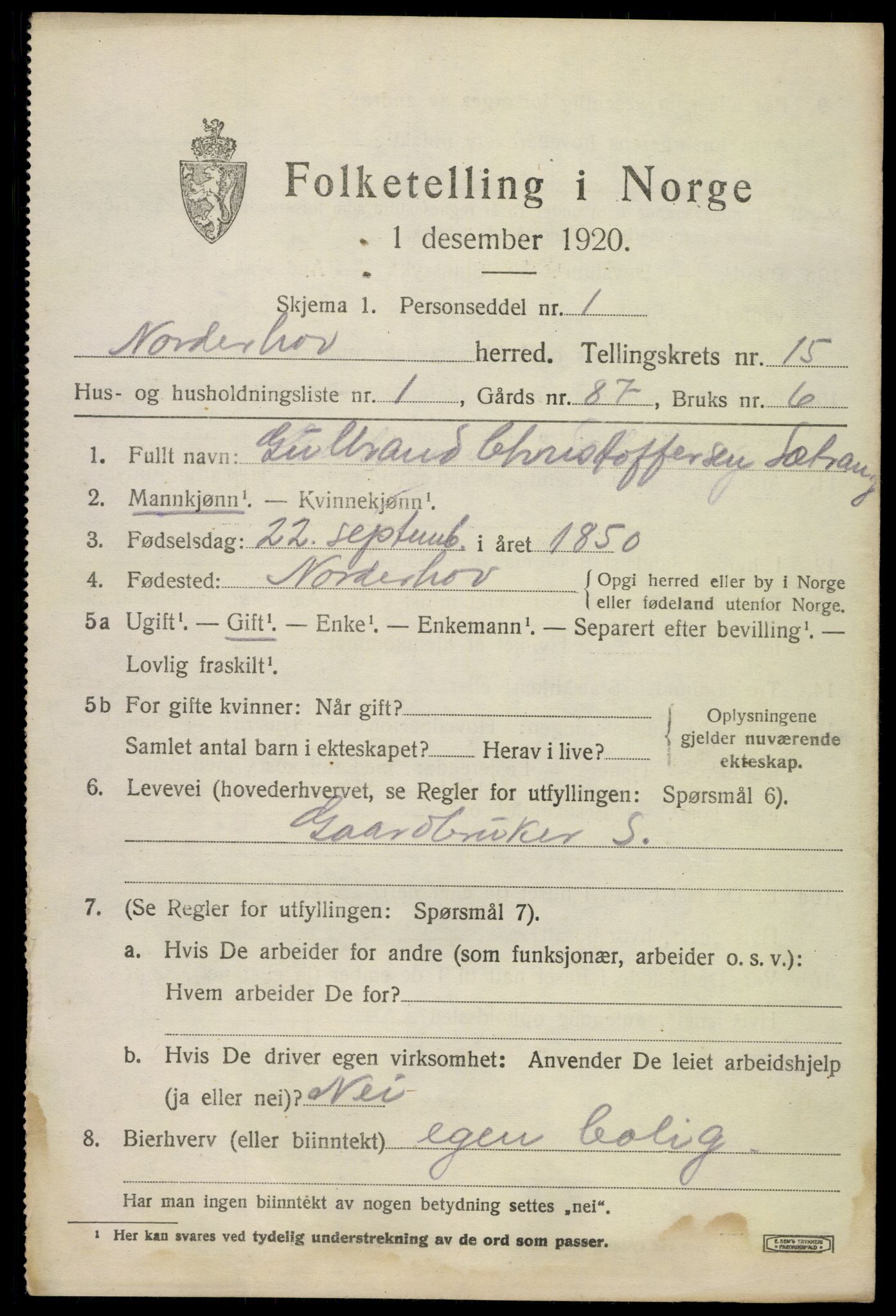 SAKO, 1920 census for Norderhov, 1920, p. 16184