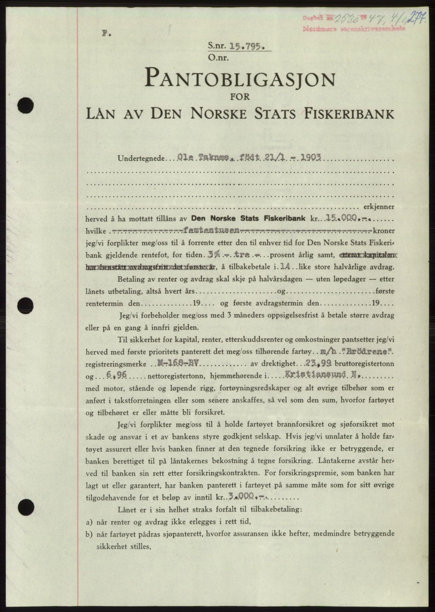 Nordmøre sorenskriveri, AV/SAT-A-4132/1/2/2Ca: Mortgage book no. B97, 1947-1948, Diary no: : 2530/1947