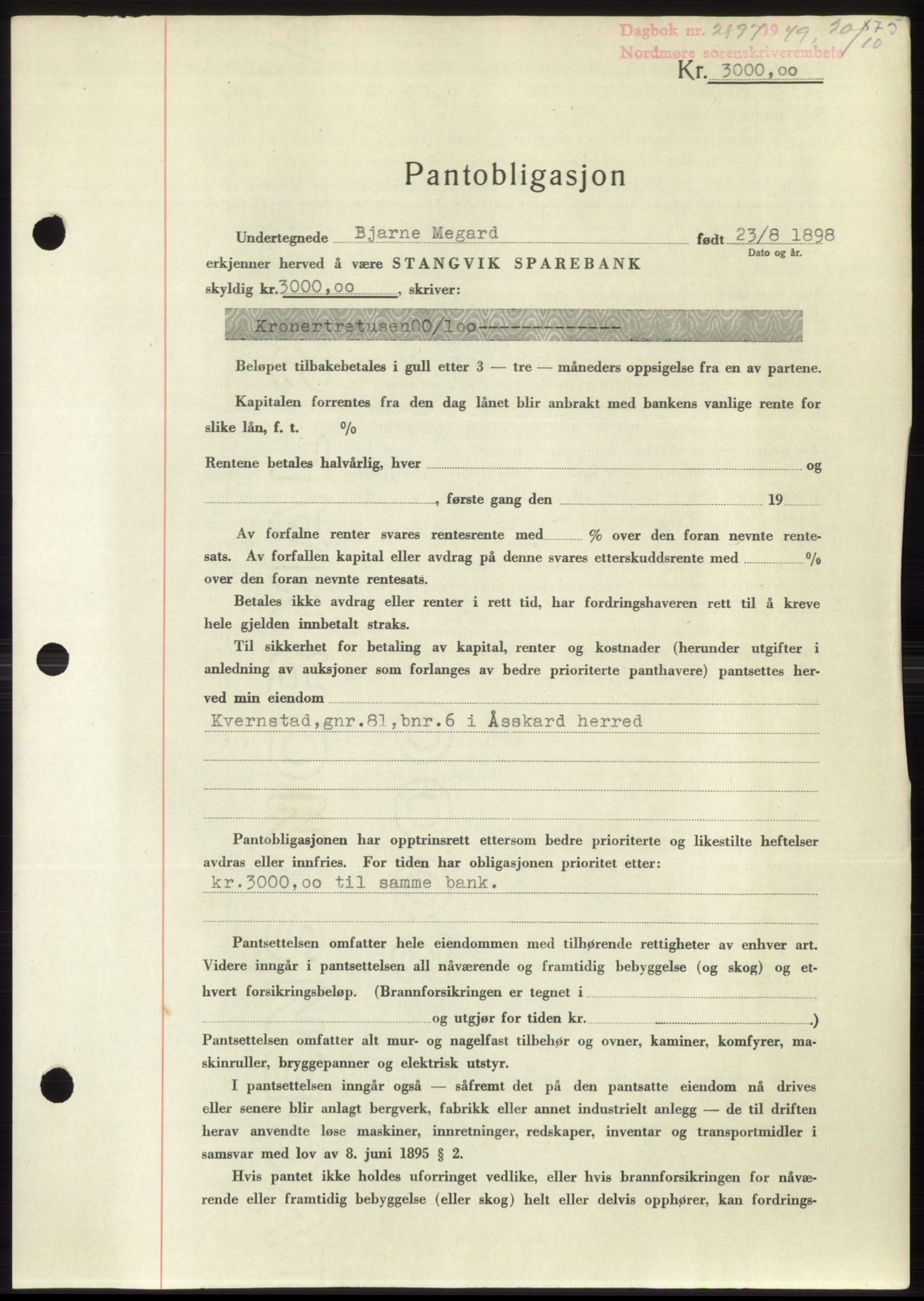 Nordmøre sorenskriveri, AV/SAT-A-4132/1/2/2Ca: Mortgage book no. B102, 1949-1949, Diary no: : 2897/1949