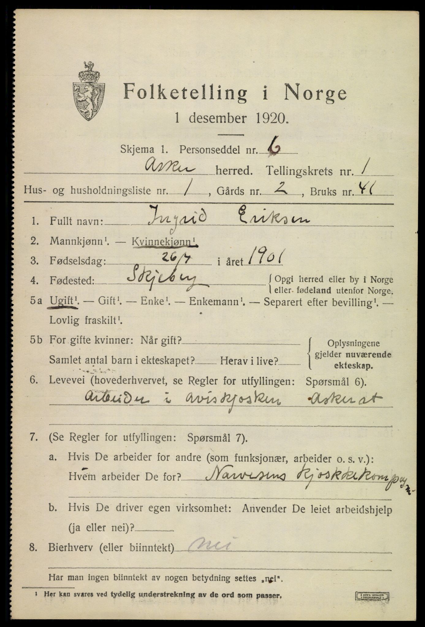 SAO, 1920 census for Asker, 1920, p. 2308