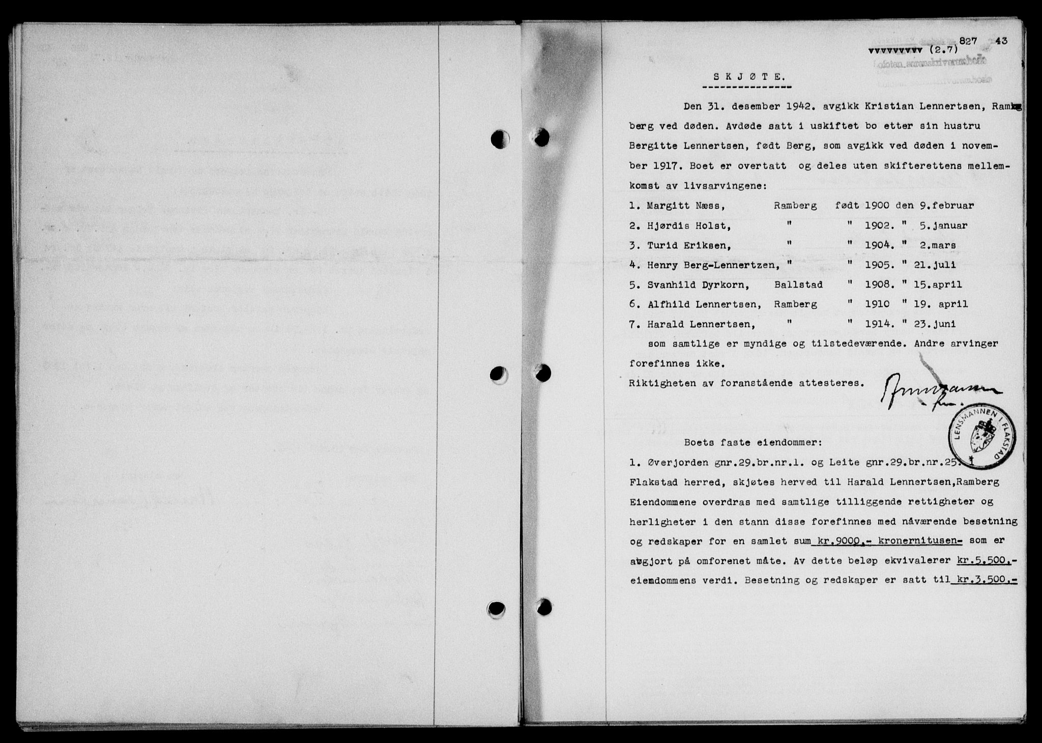 Lofoten sorenskriveri, SAT/A-0017/1/2/2C/L0011a: Mortgage book no. 11a, 1943-1943, Diary no: : 827/1943