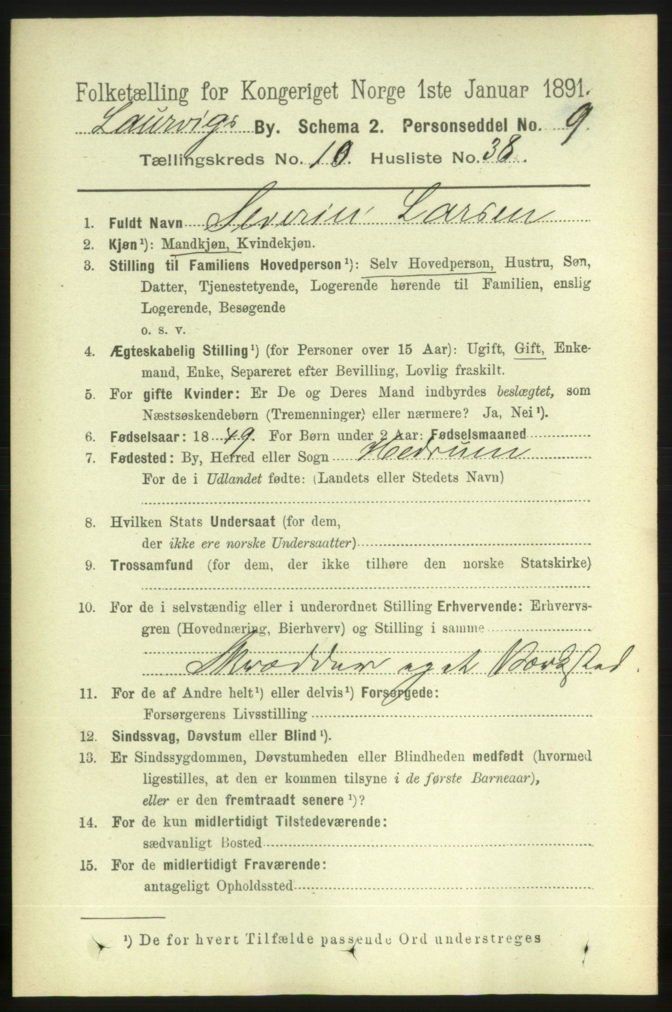 RA, 1891 census for 0707 Larvik, 1891, p. 9407