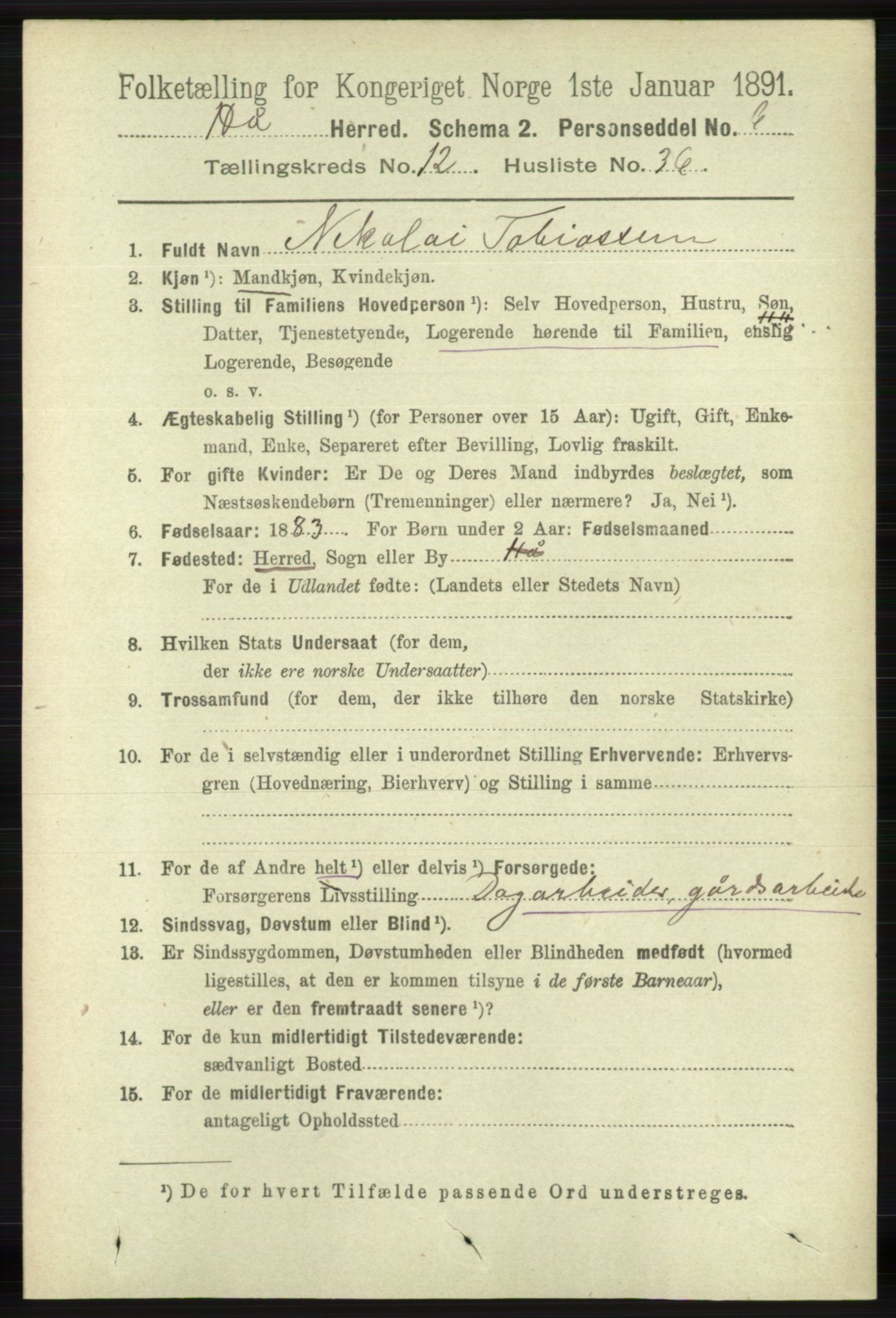 RA, 1891 census for 1119 Hå, 1891, p. 3111