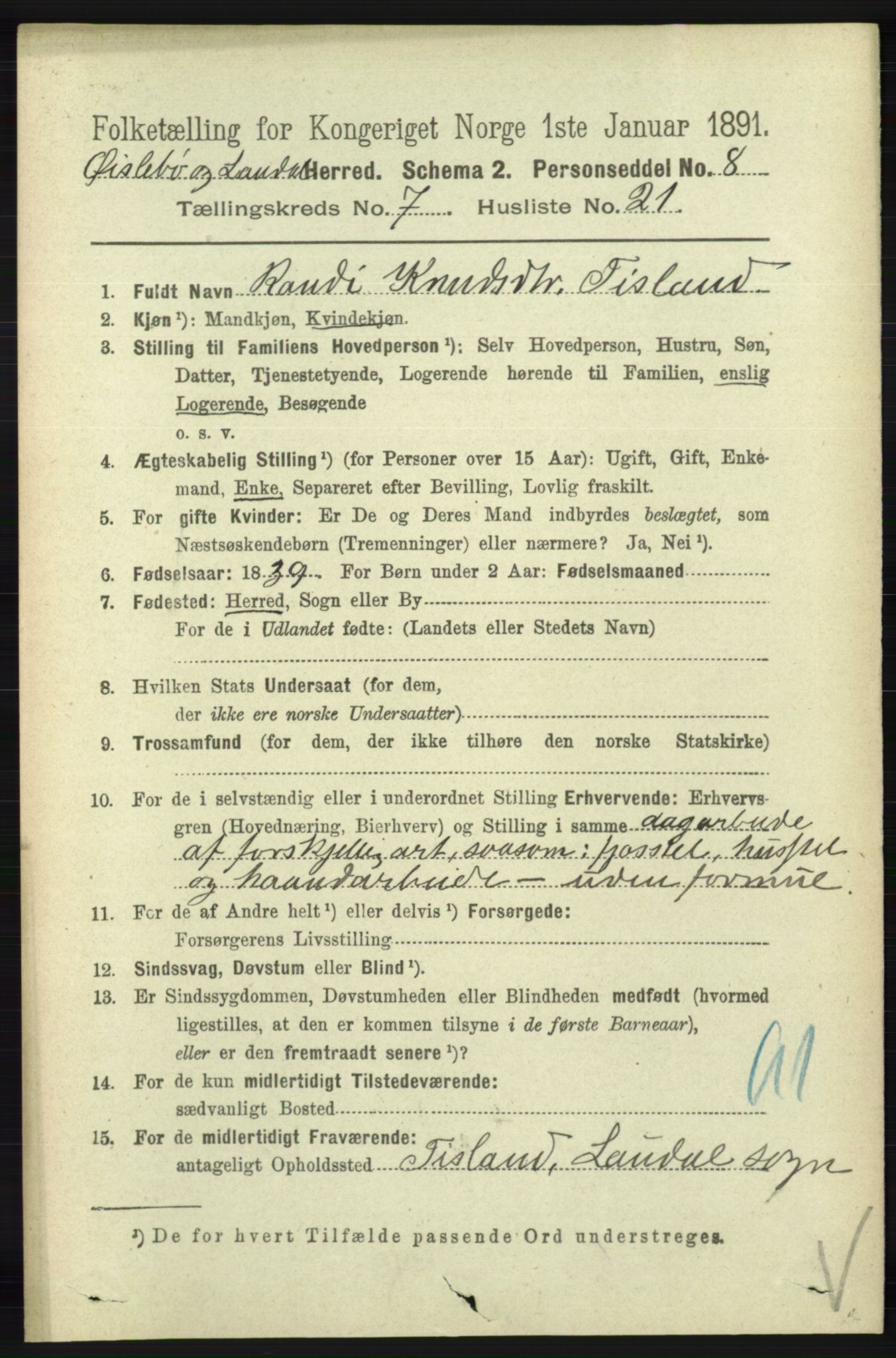 RA, 1891 census for 1021 Øyslebø og Laudal, 1891, p. 2048