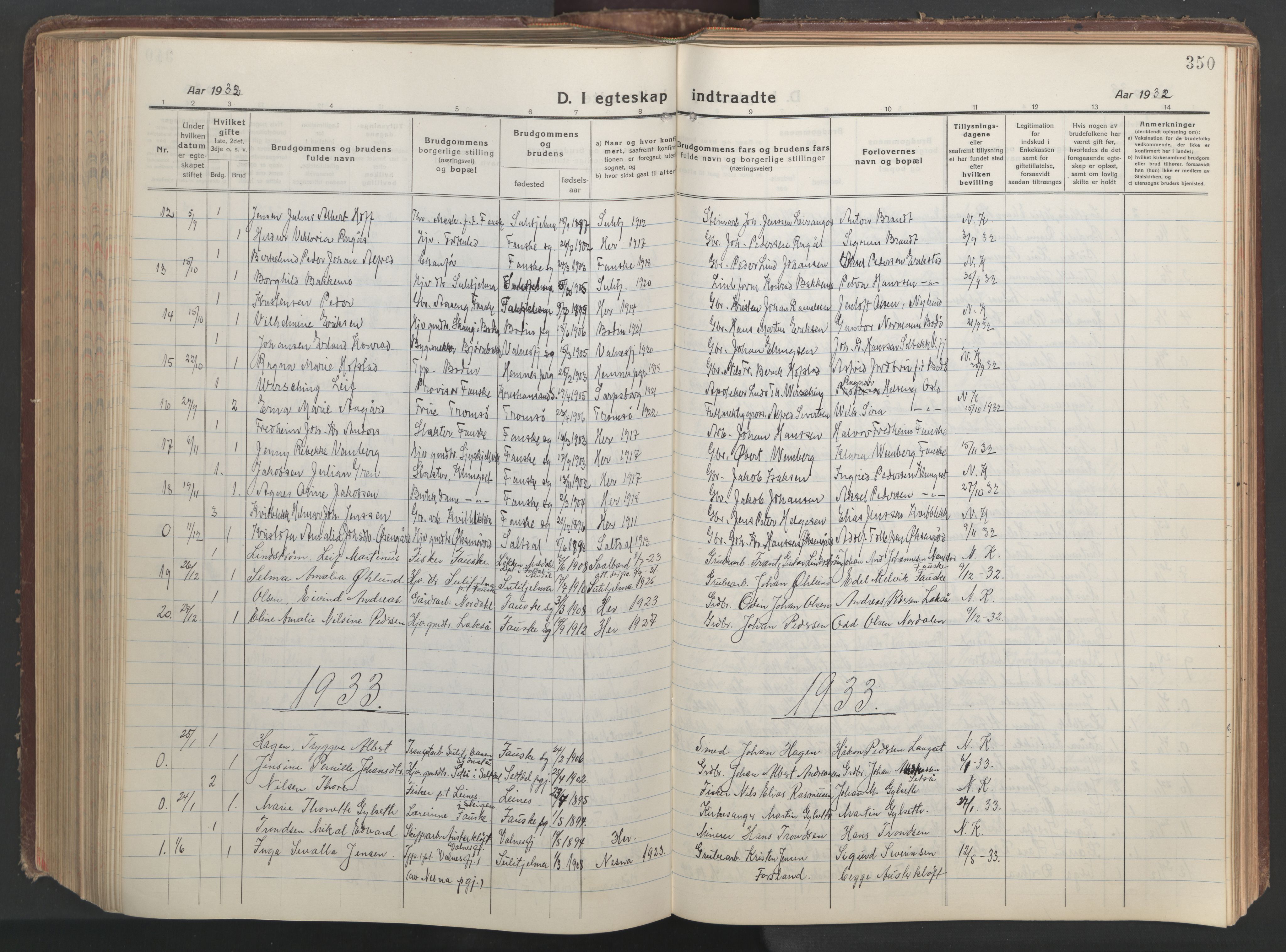 Ministerialprotokoller, klokkerbøker og fødselsregistre - Nordland, AV/SAT-A-1459/849/L0700: Parish register (copy) no. 849C01, 1919-1946, p. 350