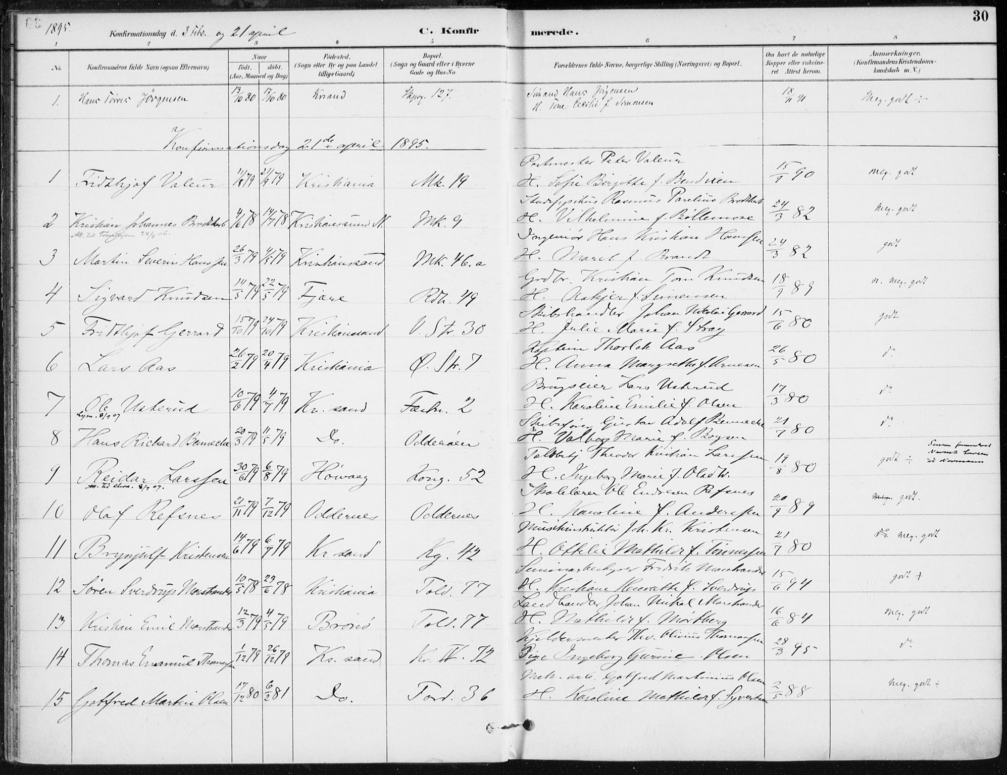 Kristiansand domprosti, AV/SAK-1112-0006/F/Fa/L0020: Parish register (official) no. A 19, 1893-1904, p. 30