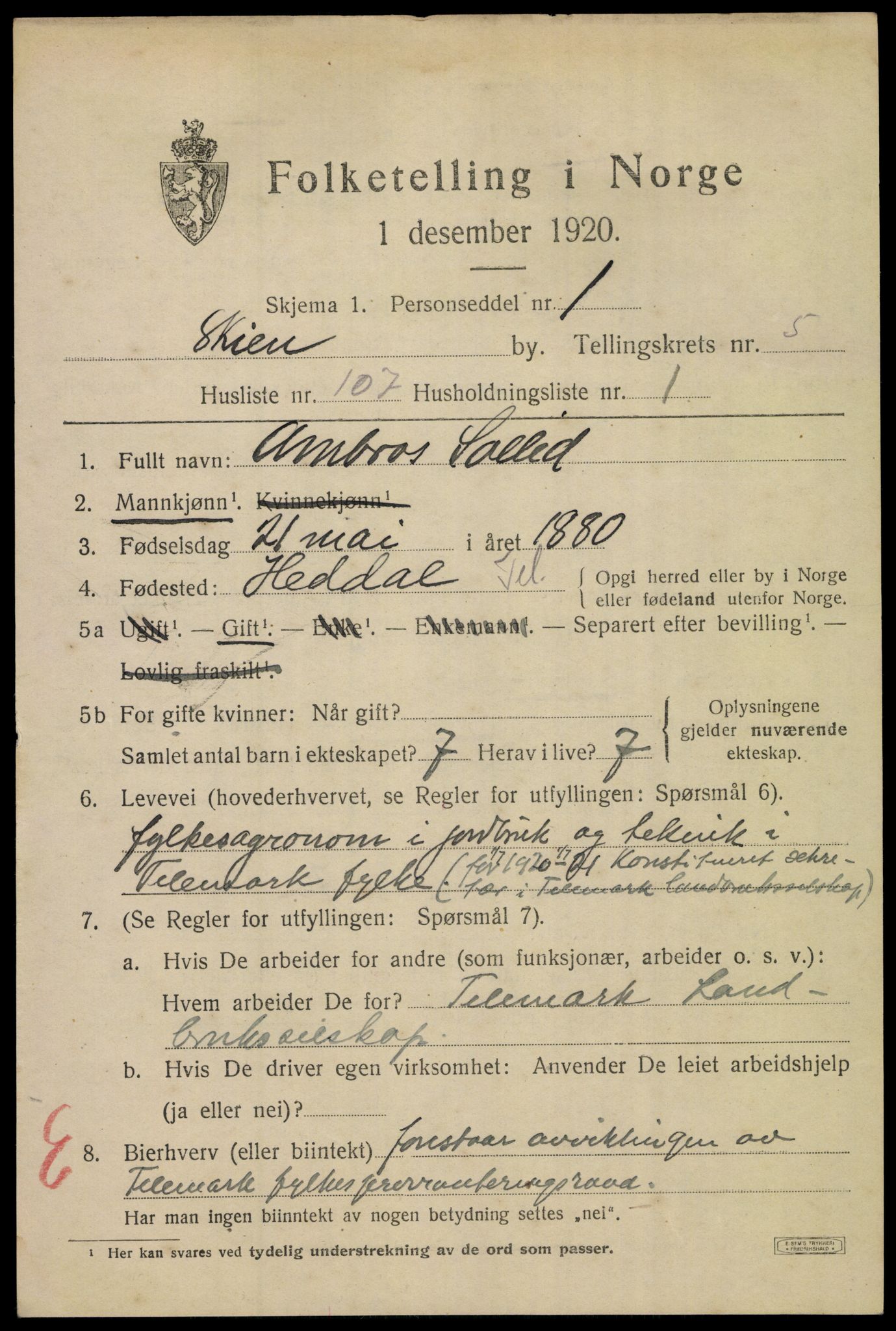 SAKO, 1920 census for Skien, 1920, p. 21322