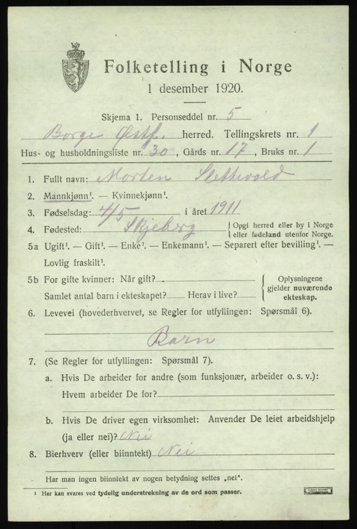 SAO, 1920 census for Borge, 1920, p. 2227