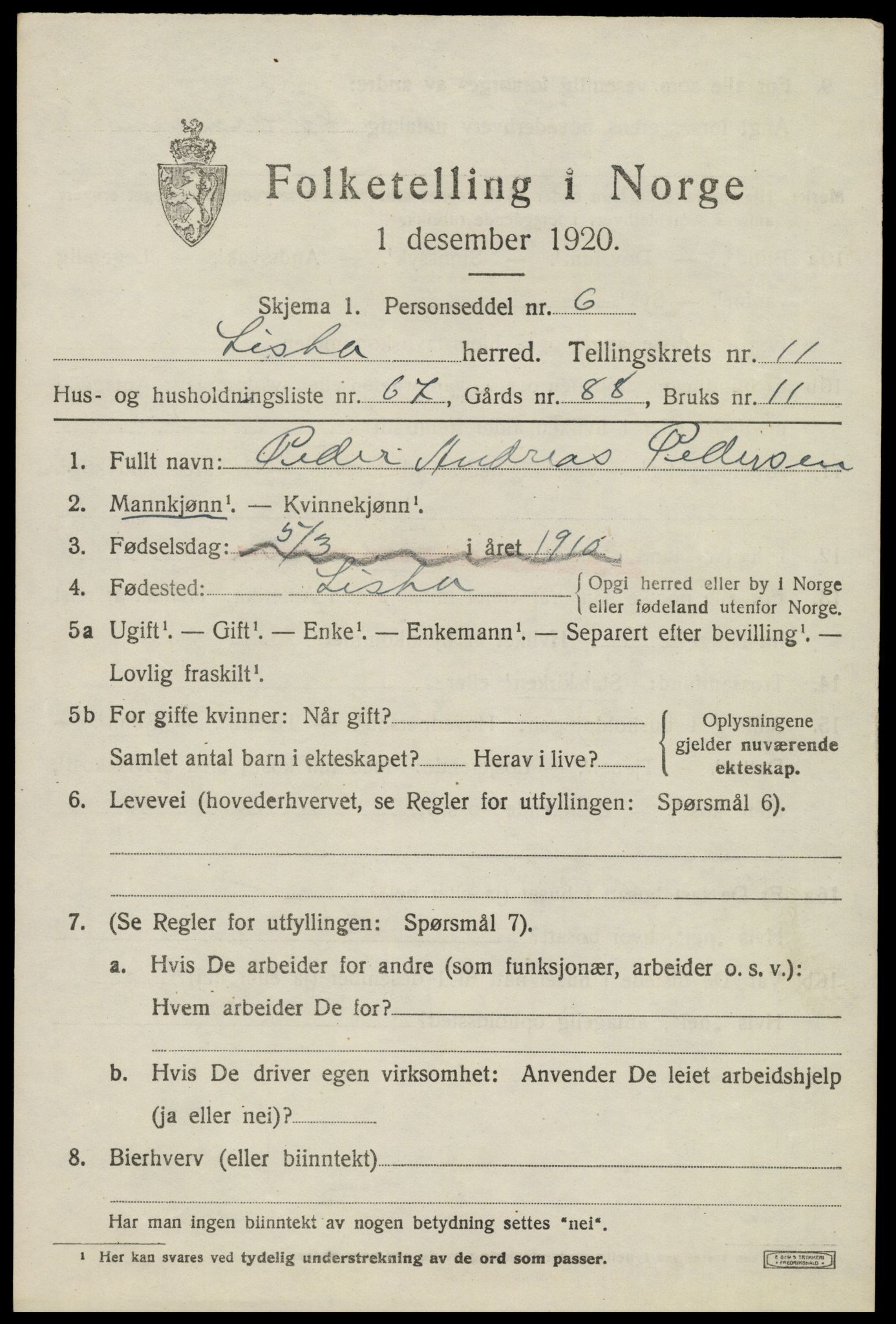 SAK, 1920 census for Lista, 1920, p. 11503